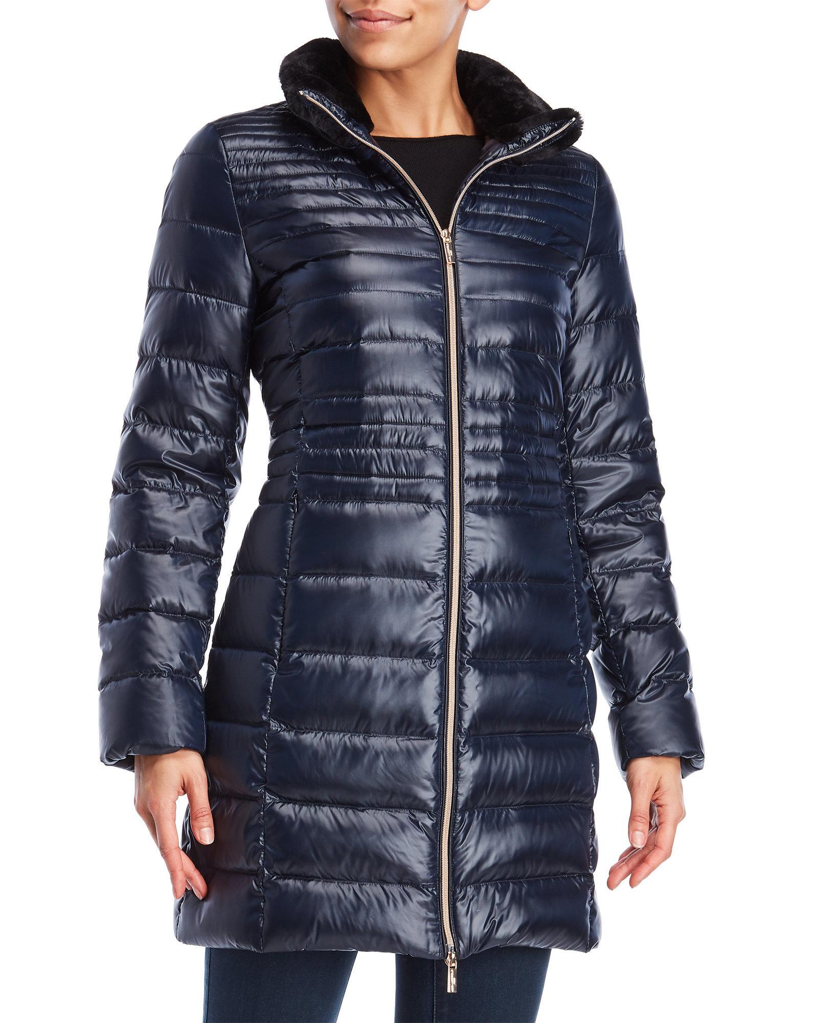 Karl Lagerfeld Synthetic Faux Fur Trim Packable Down Coat in Navy (Blue ...