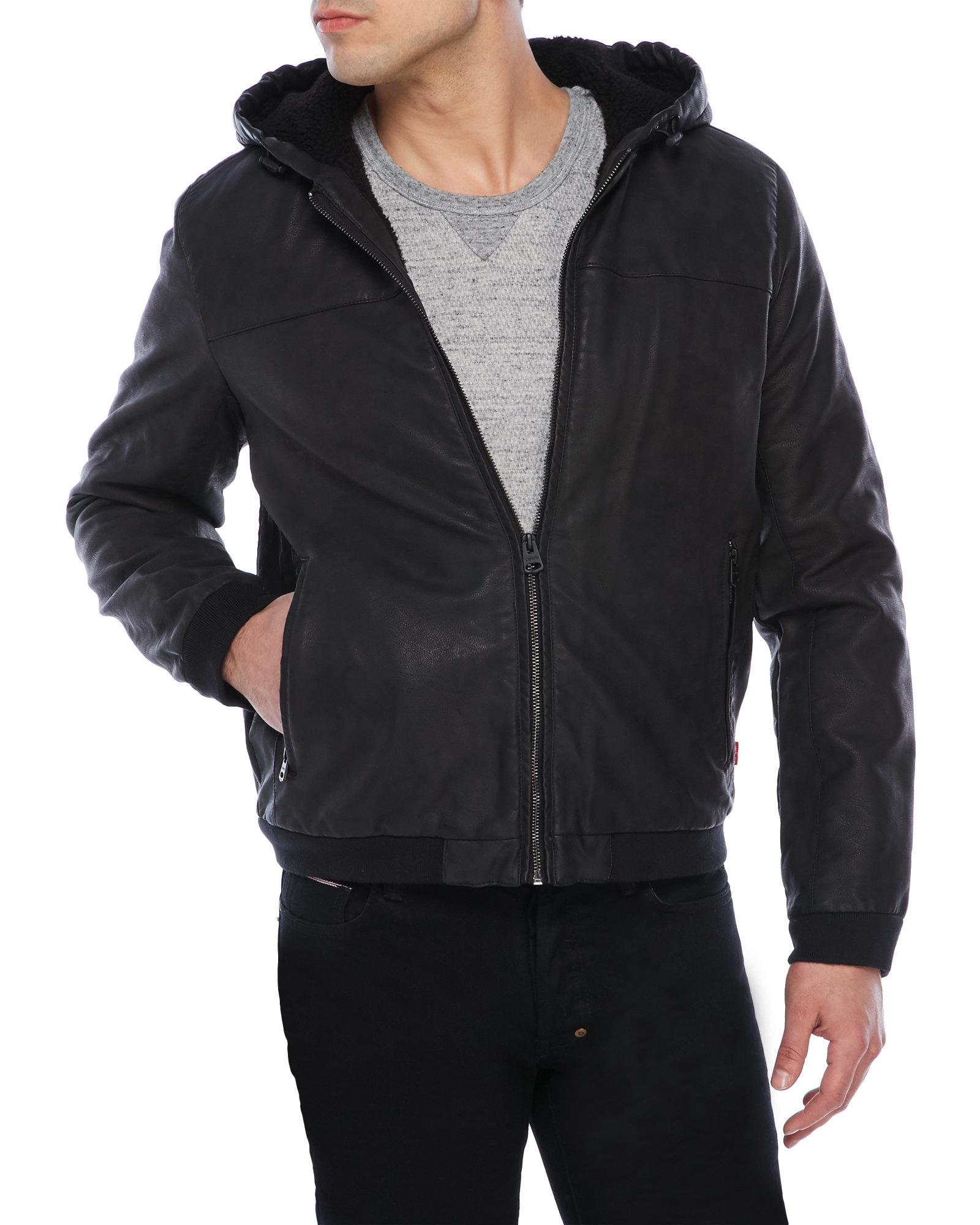 Levi's Faux Leather Hooded Bomber Jacket in Black for Men | Lyst