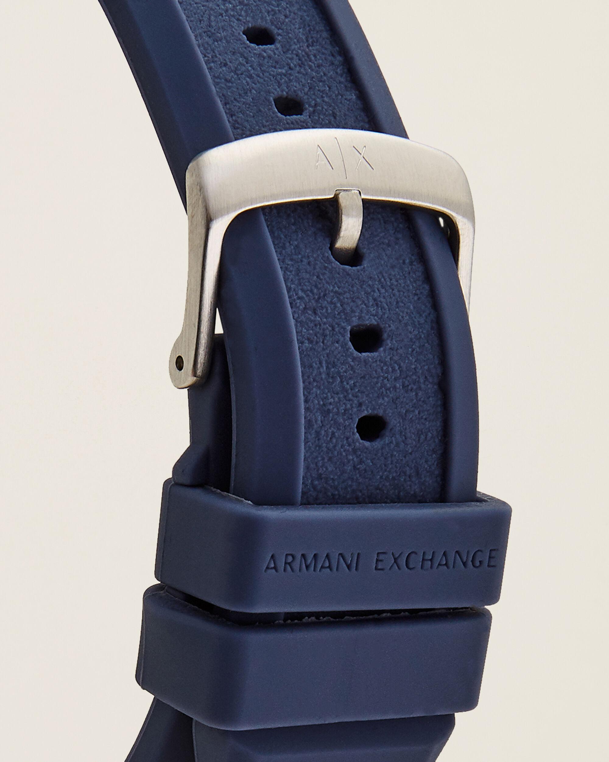 silver and blue armani watch