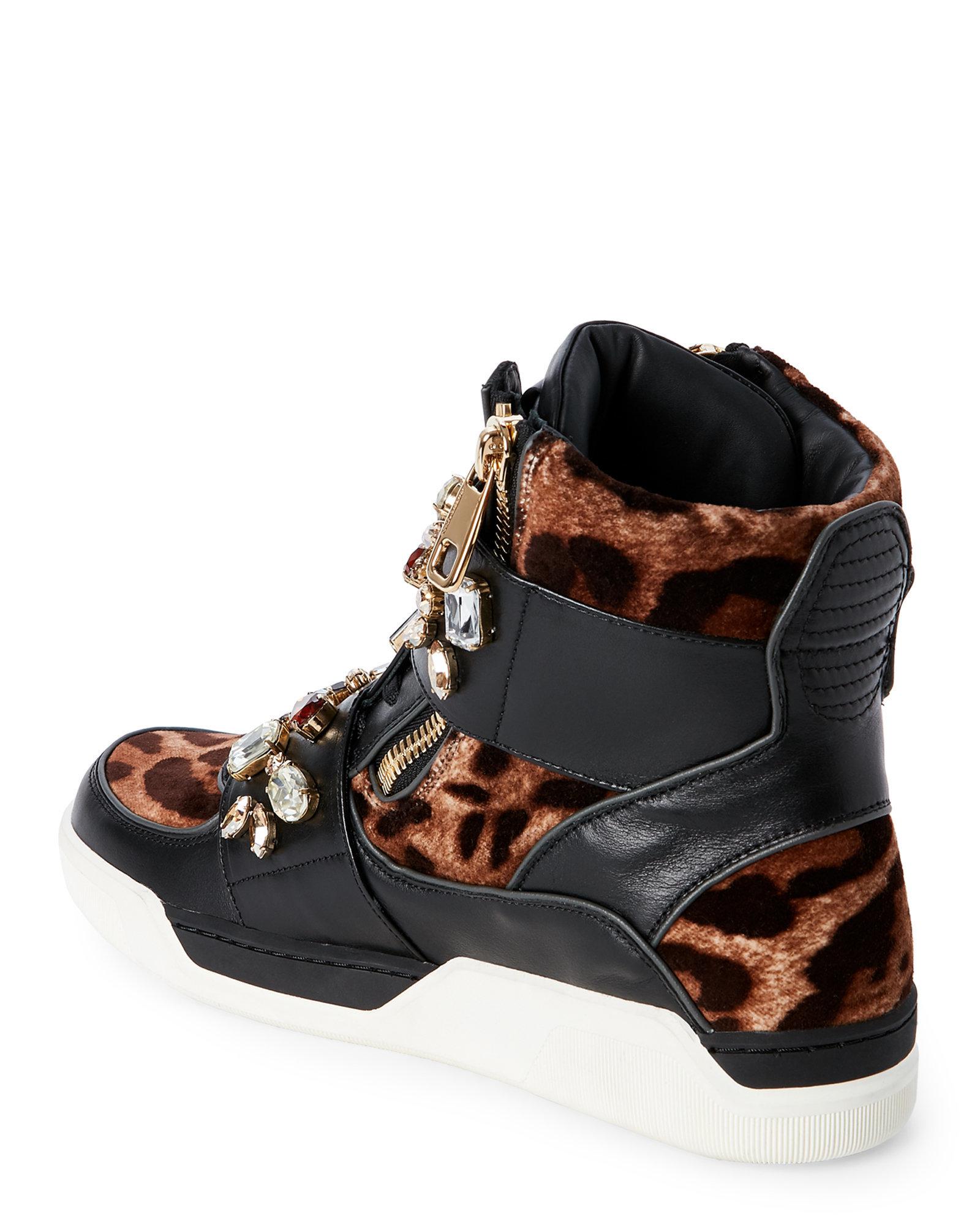 Dolce & Gabbana Leather Leopard & Black Jeweled High Top Sneakers - Lyst