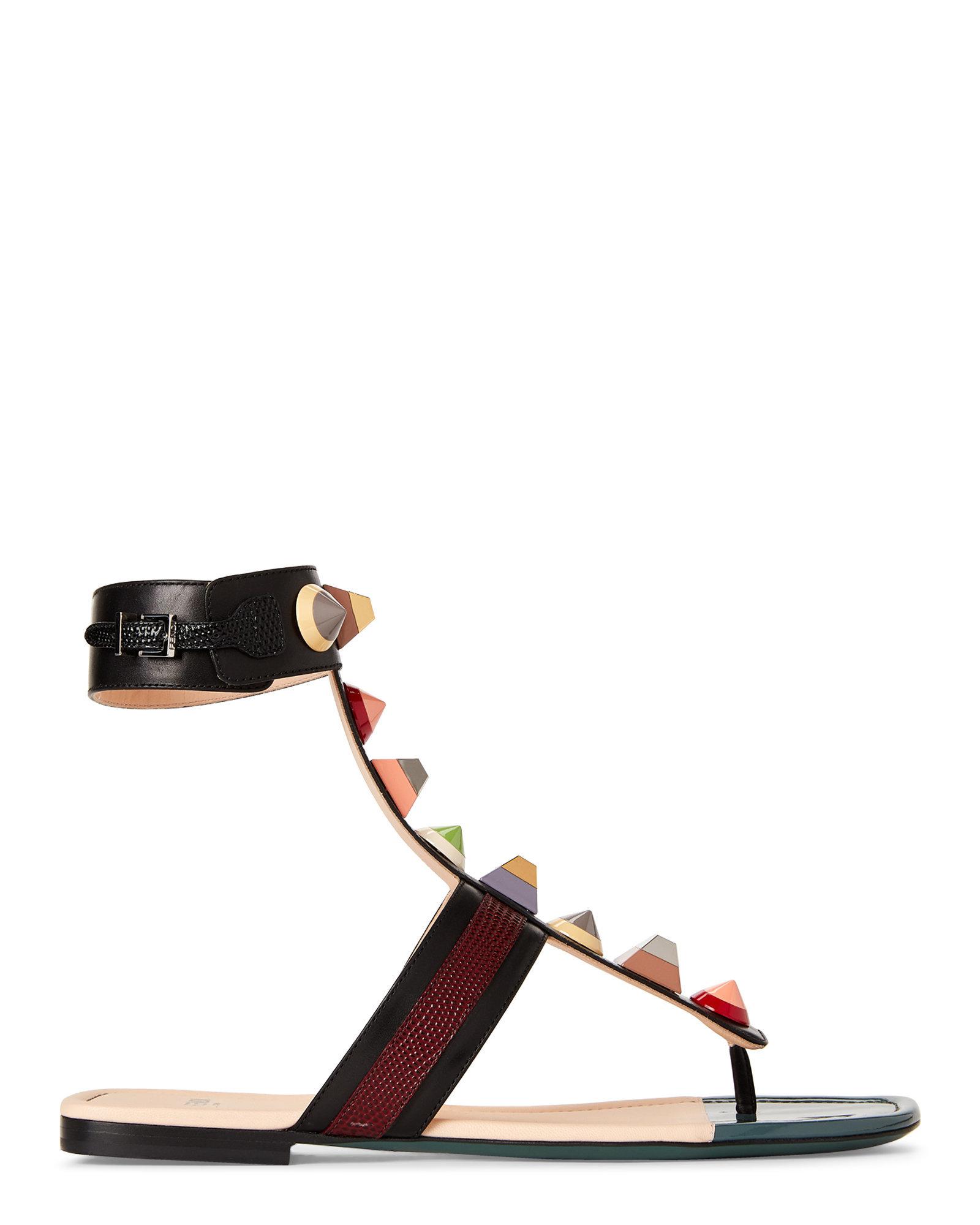 Fendi Rainbow Studded Leather Flat Sandals in Black - Lyst