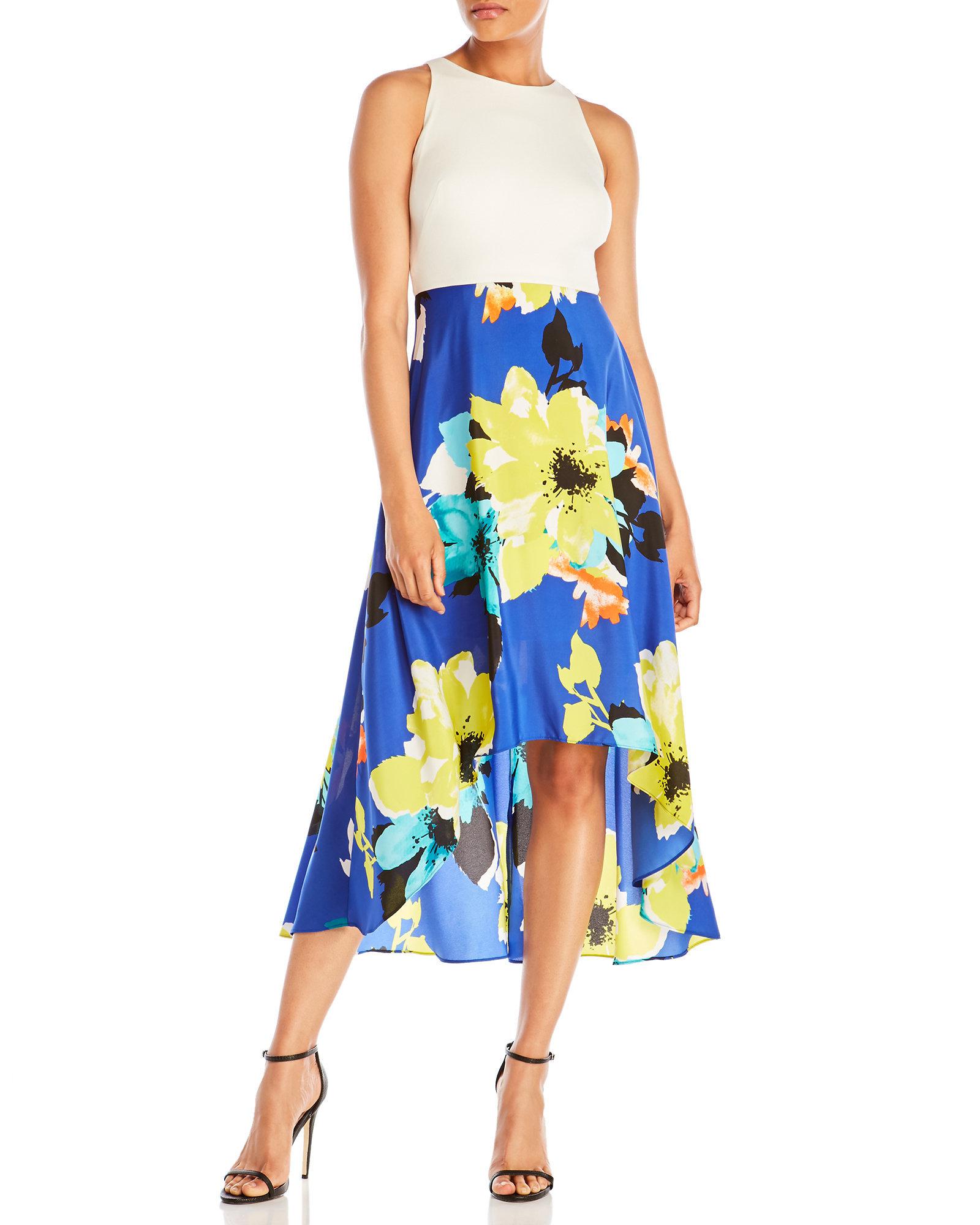 blue and white high low dress