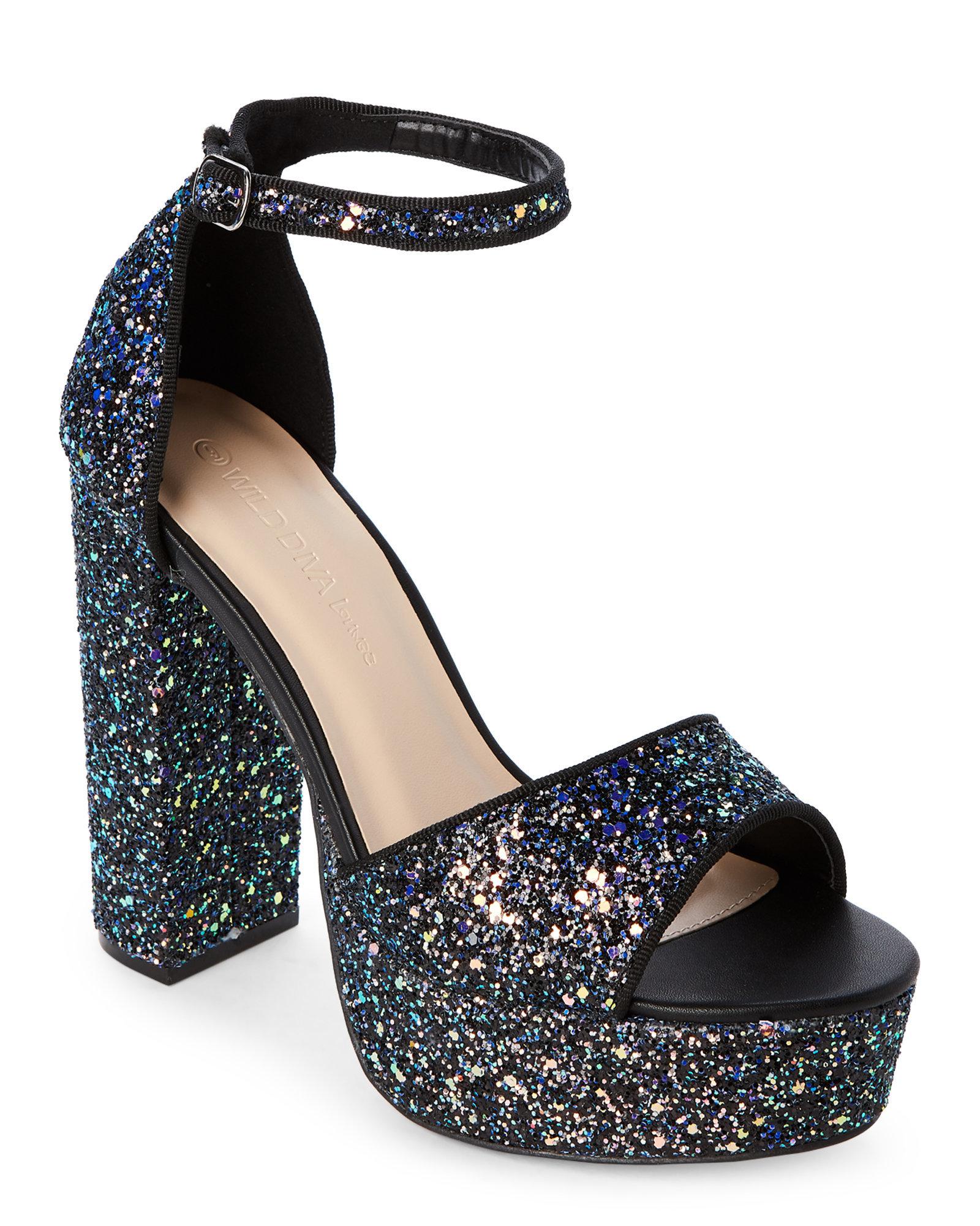 black glitter platform sandals