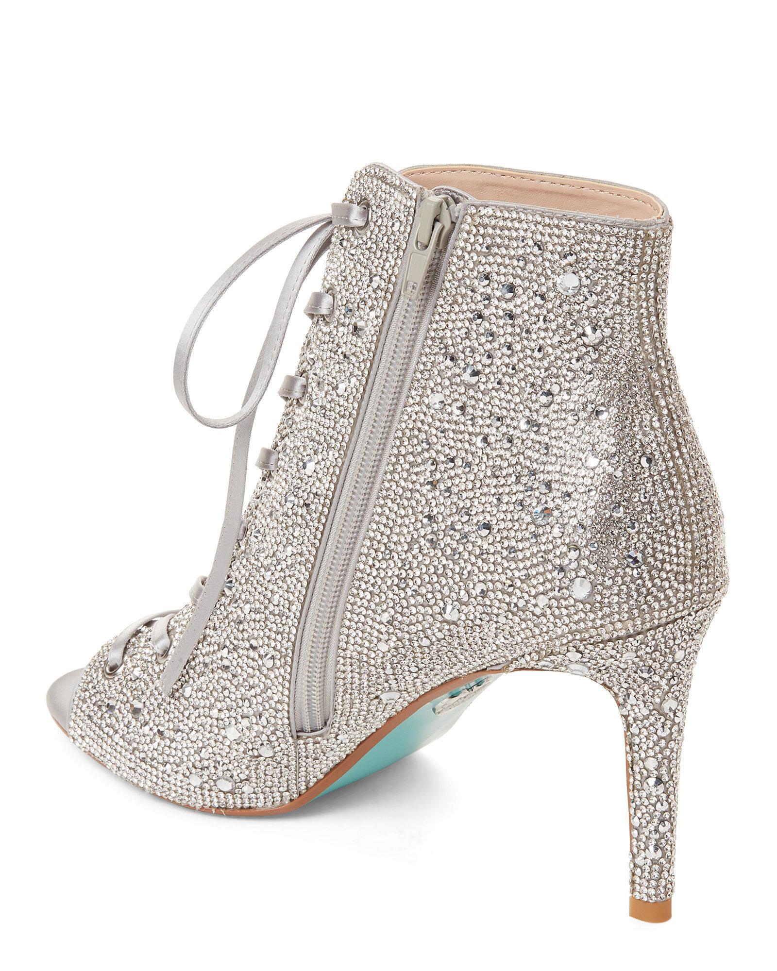 Betsey Johnson Alexis Embellished Satin Laceup Booties in Silver