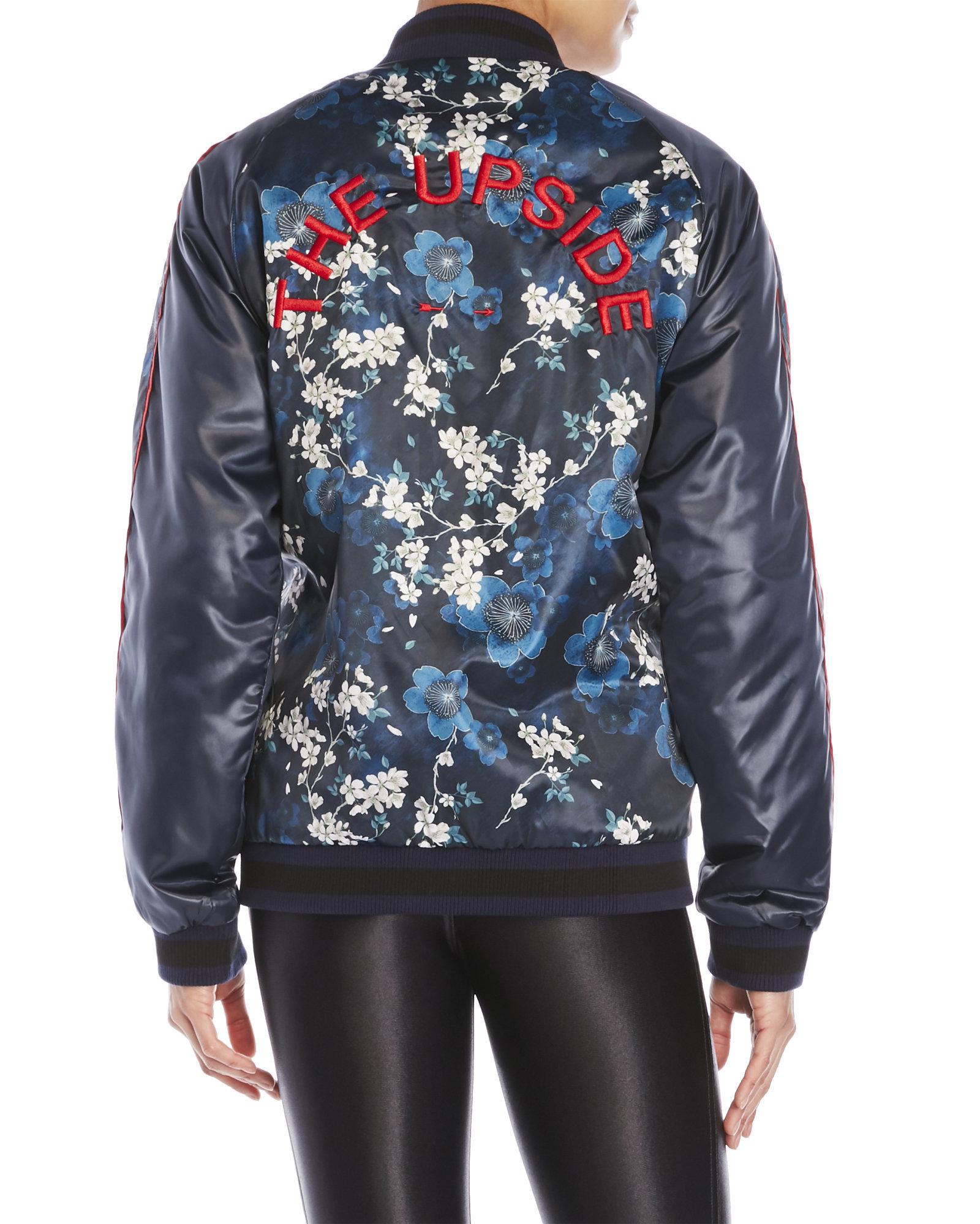 The Upside Satin Cherry Blossom-print Bomber Jacket in Navy (Blue) - Lyst