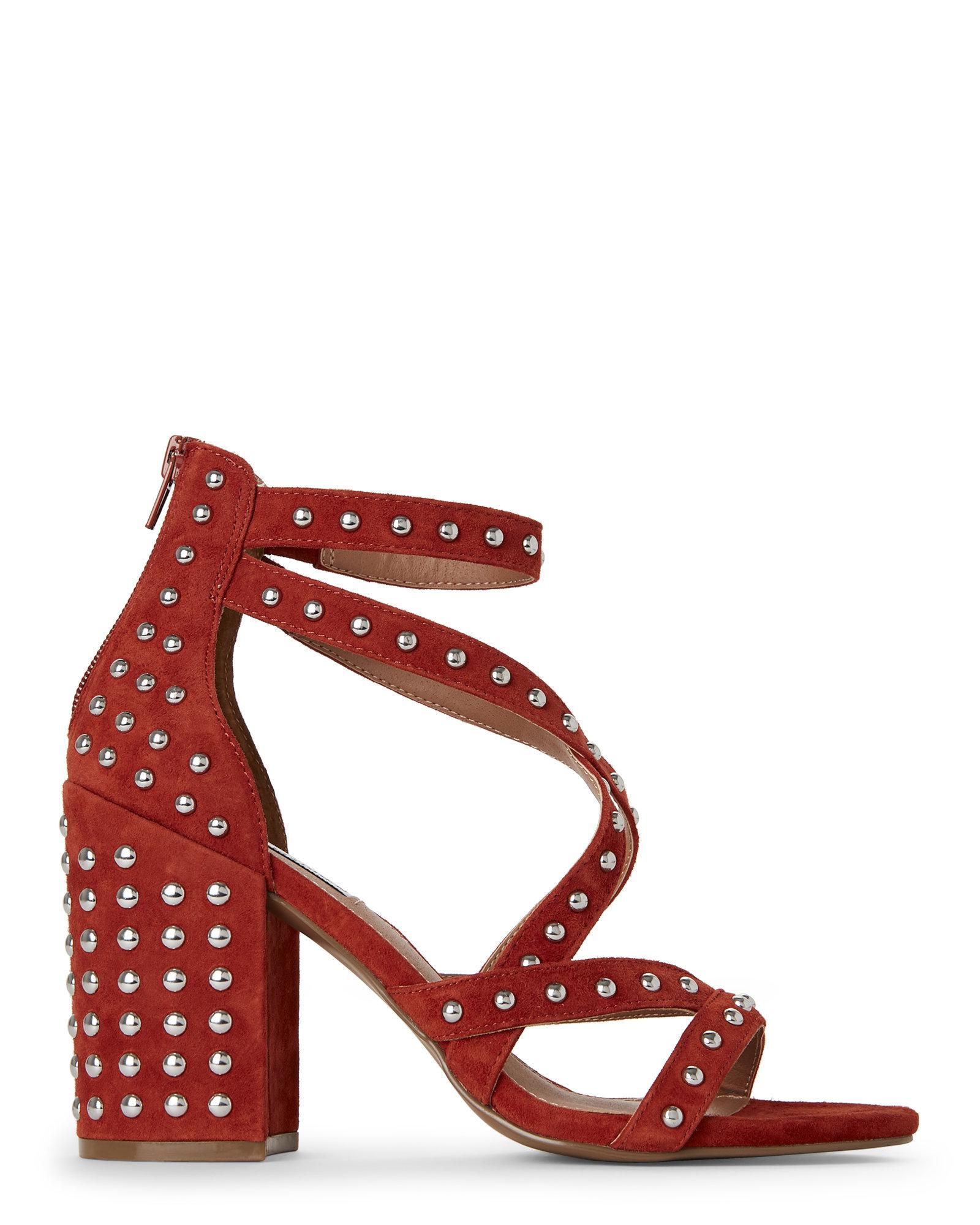 Steve Madden Suede Rust Fara Studded Block Heel Sandals in Red - Lyst