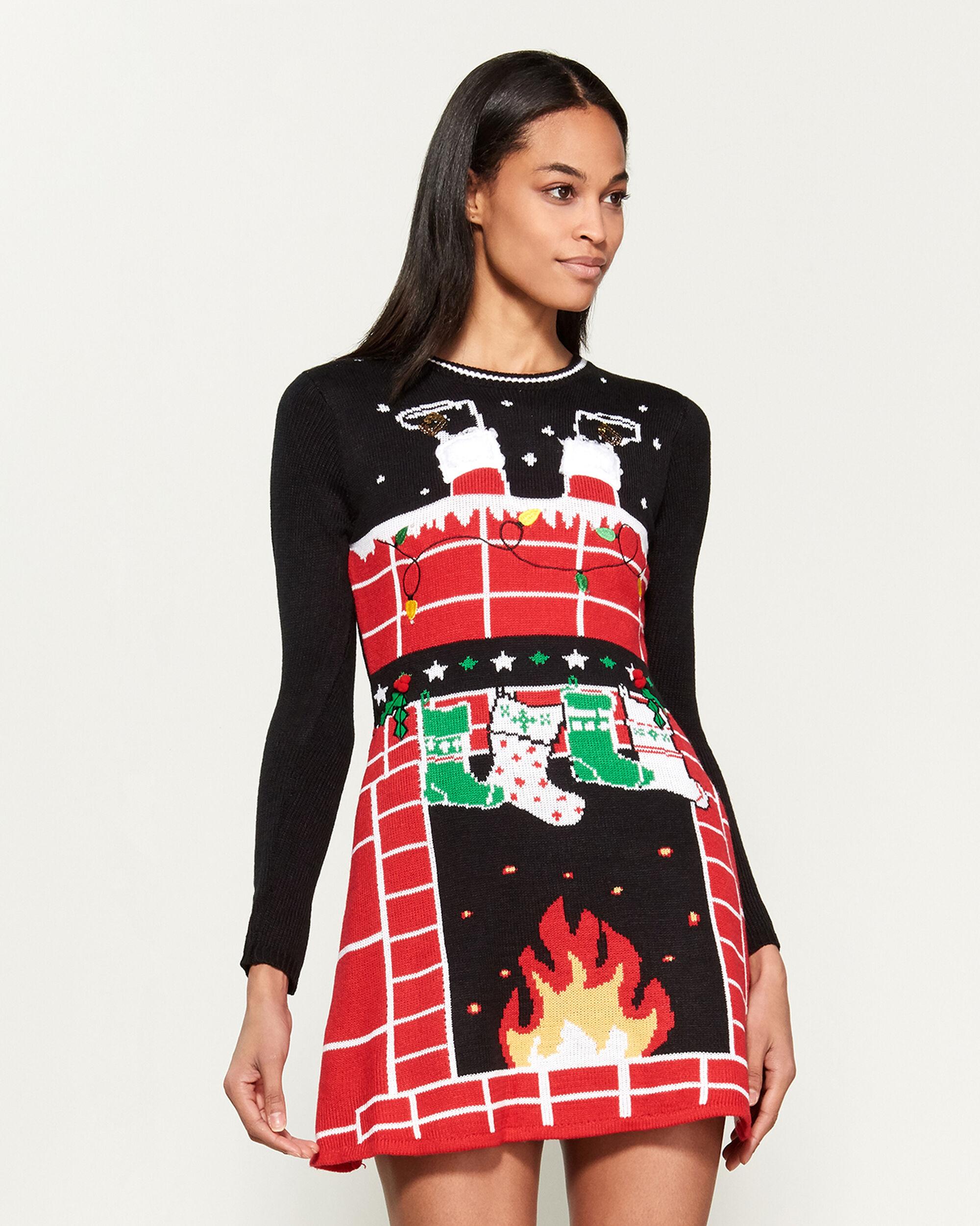 Derek Heart Fireplace Ugly Christmas Sweater Dress In Black Red