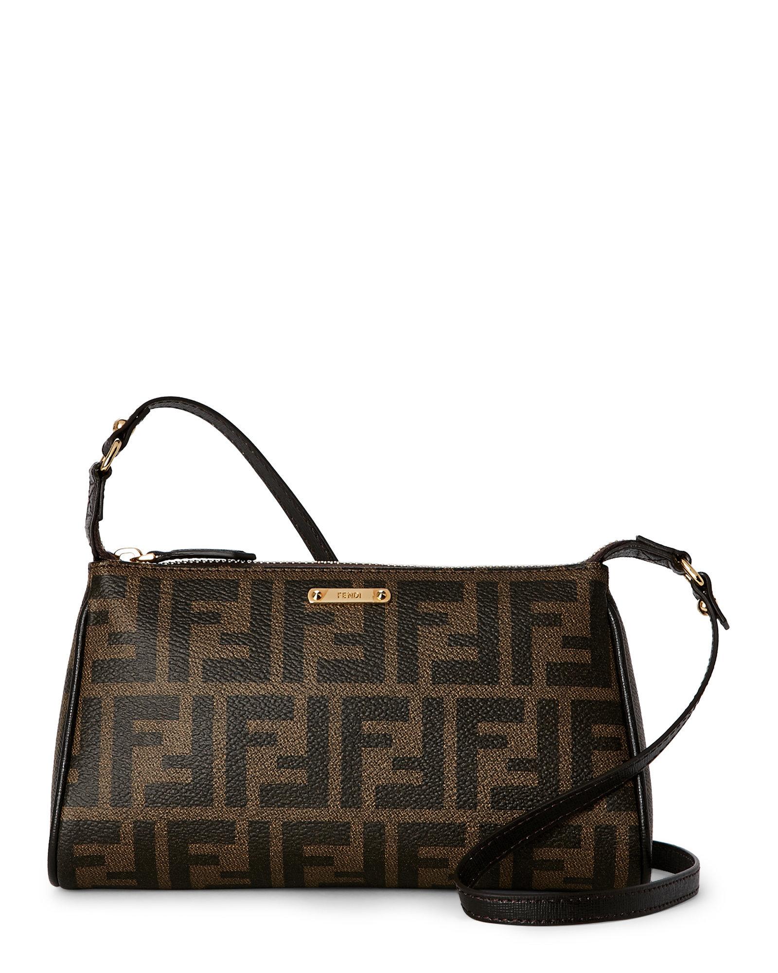 Fendi Tobacco Leather Trimmed Zucca Spalmati Small Crossbody Bag in