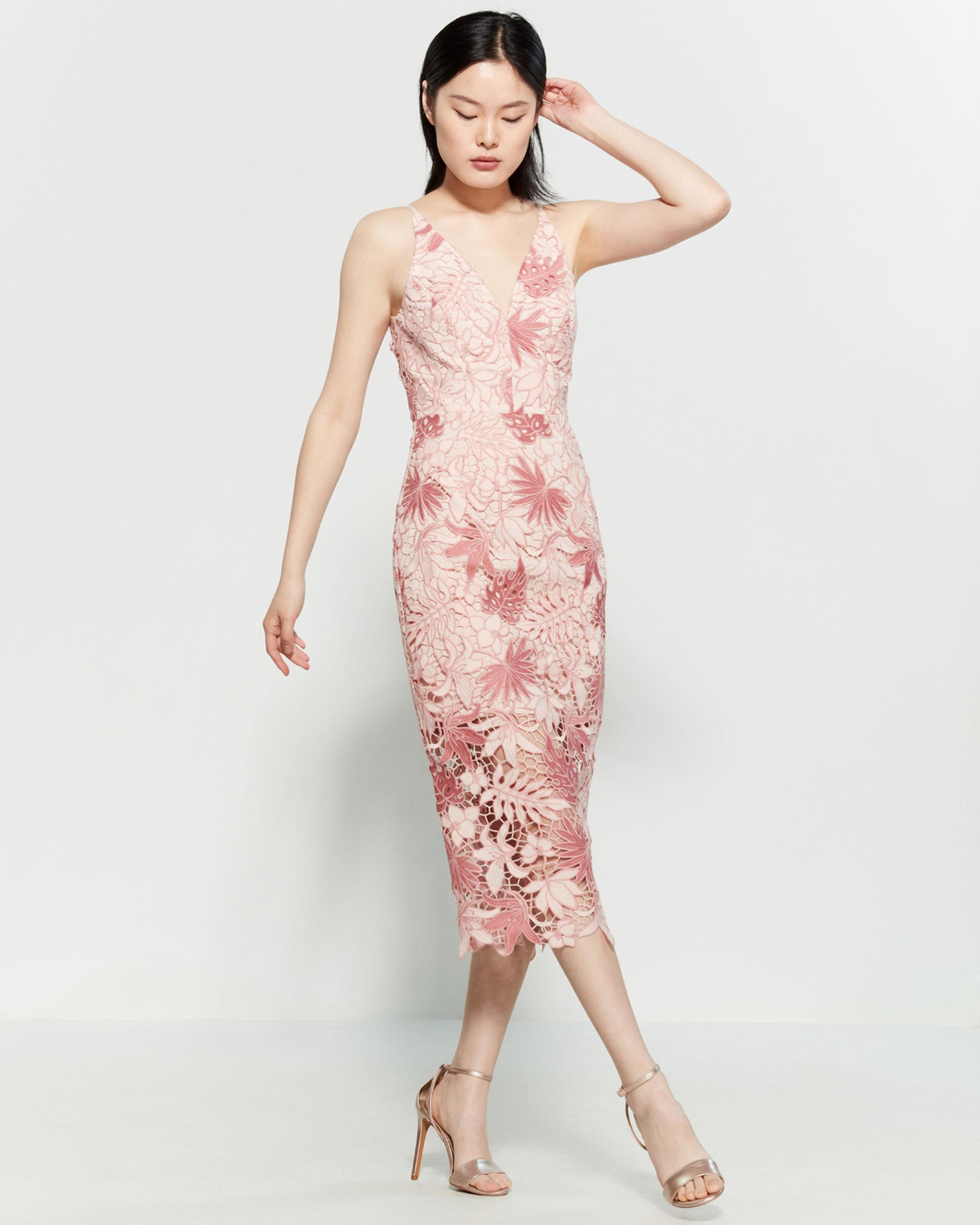 Dress the Population Aurora Lace Midi Sheath Dress in Pink - Lyst