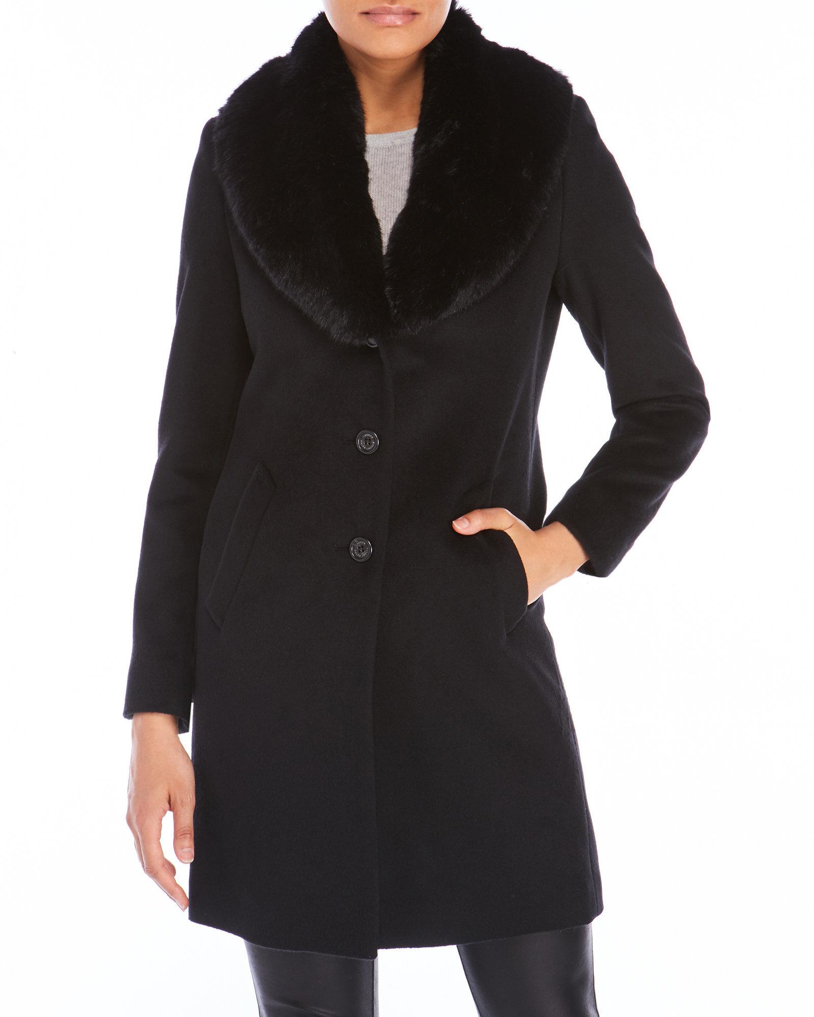 Lauren by Ralph Lauren Faux Fur Collar Wool Coat in Black - Lyst