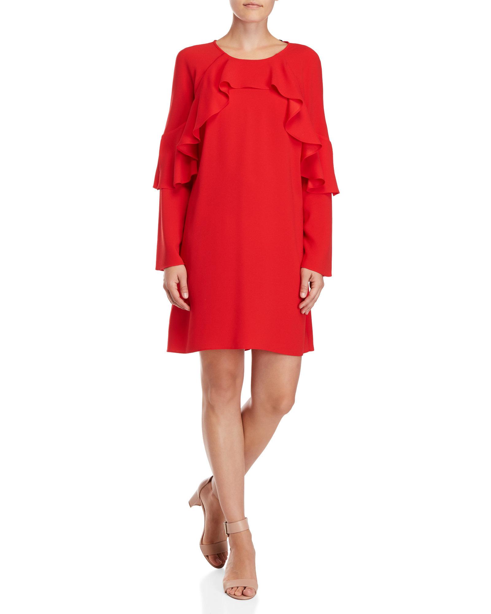 BCBGMAXAZRIA Synthetic Ruffled Long Sleeve Shift Dress in Red - Lyst