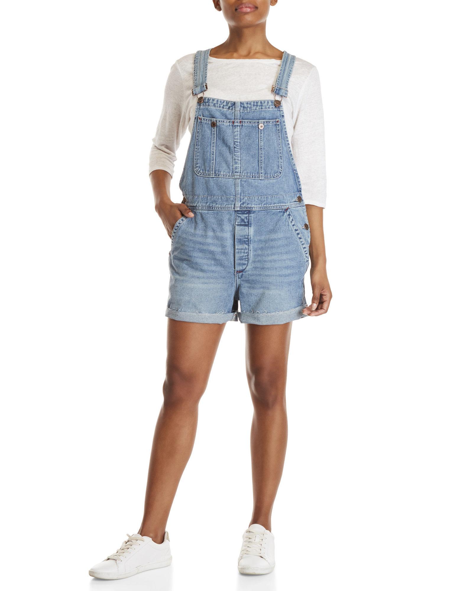 light wash short overalls