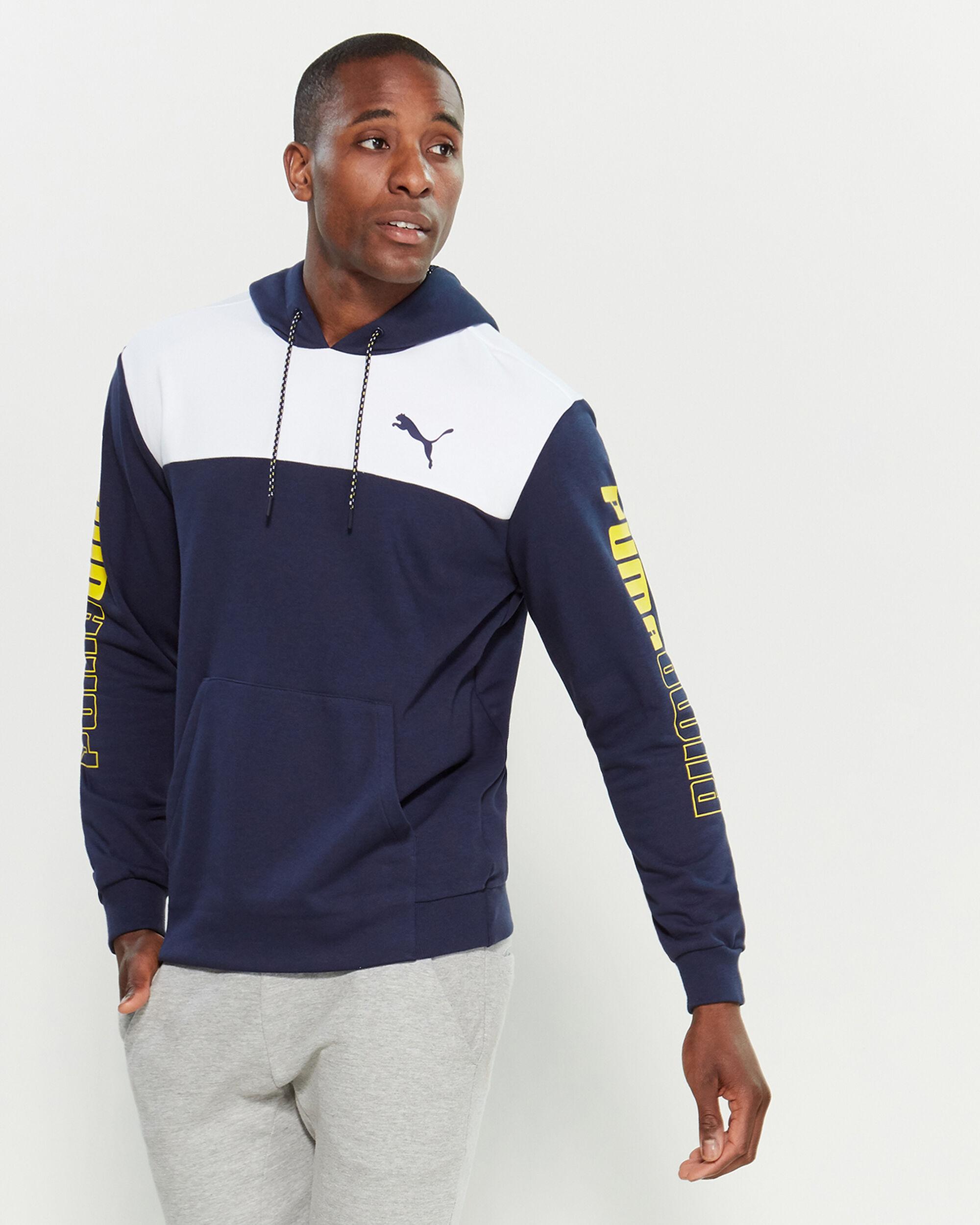 PUMA Cotton Double Up Logo Color Block Hoodie in Blue for Men - Lyst