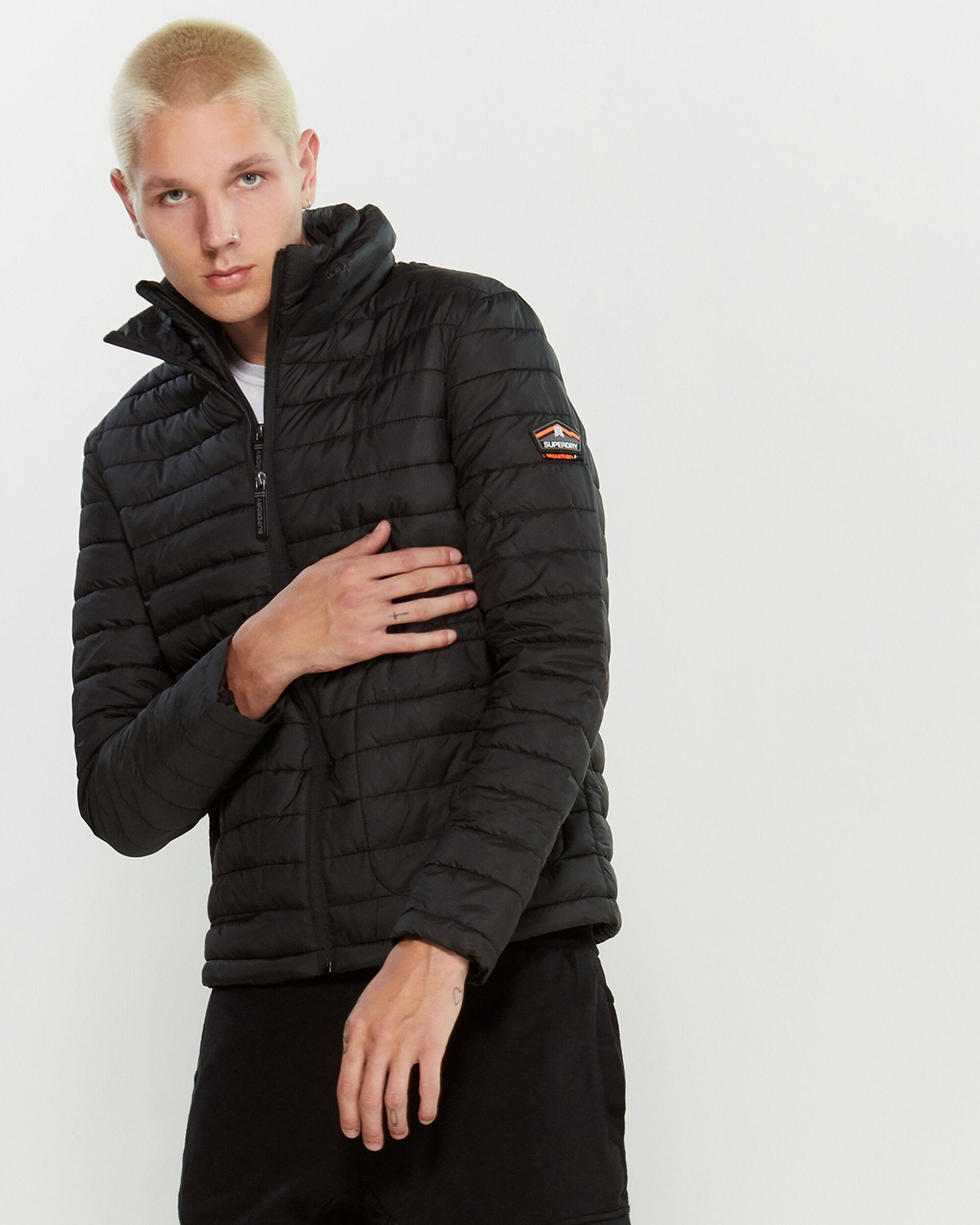 superdry hooded double zip puffer jacket in black