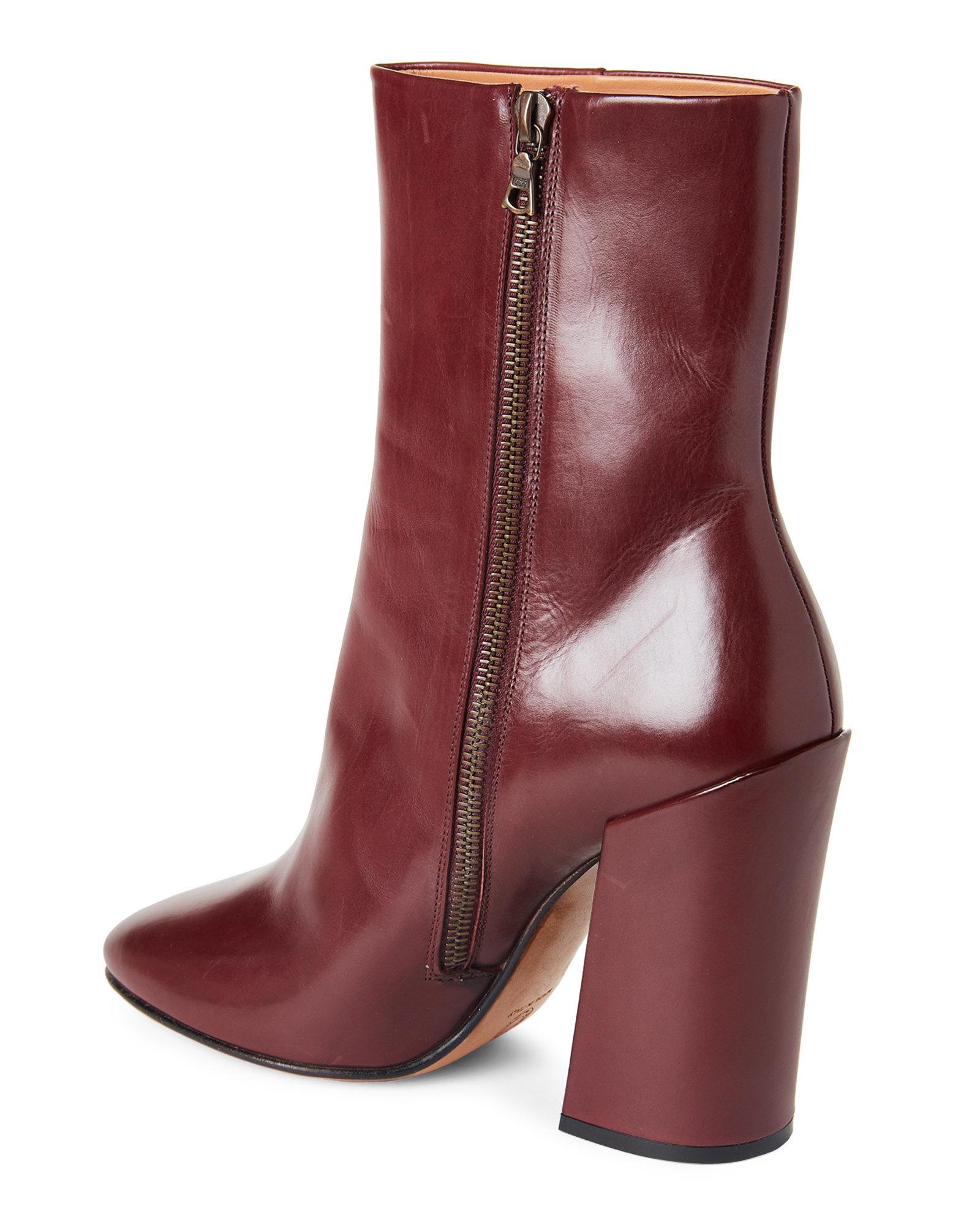 Dries Van Noten Leather Burgundy Block Heel Ankle Boots in