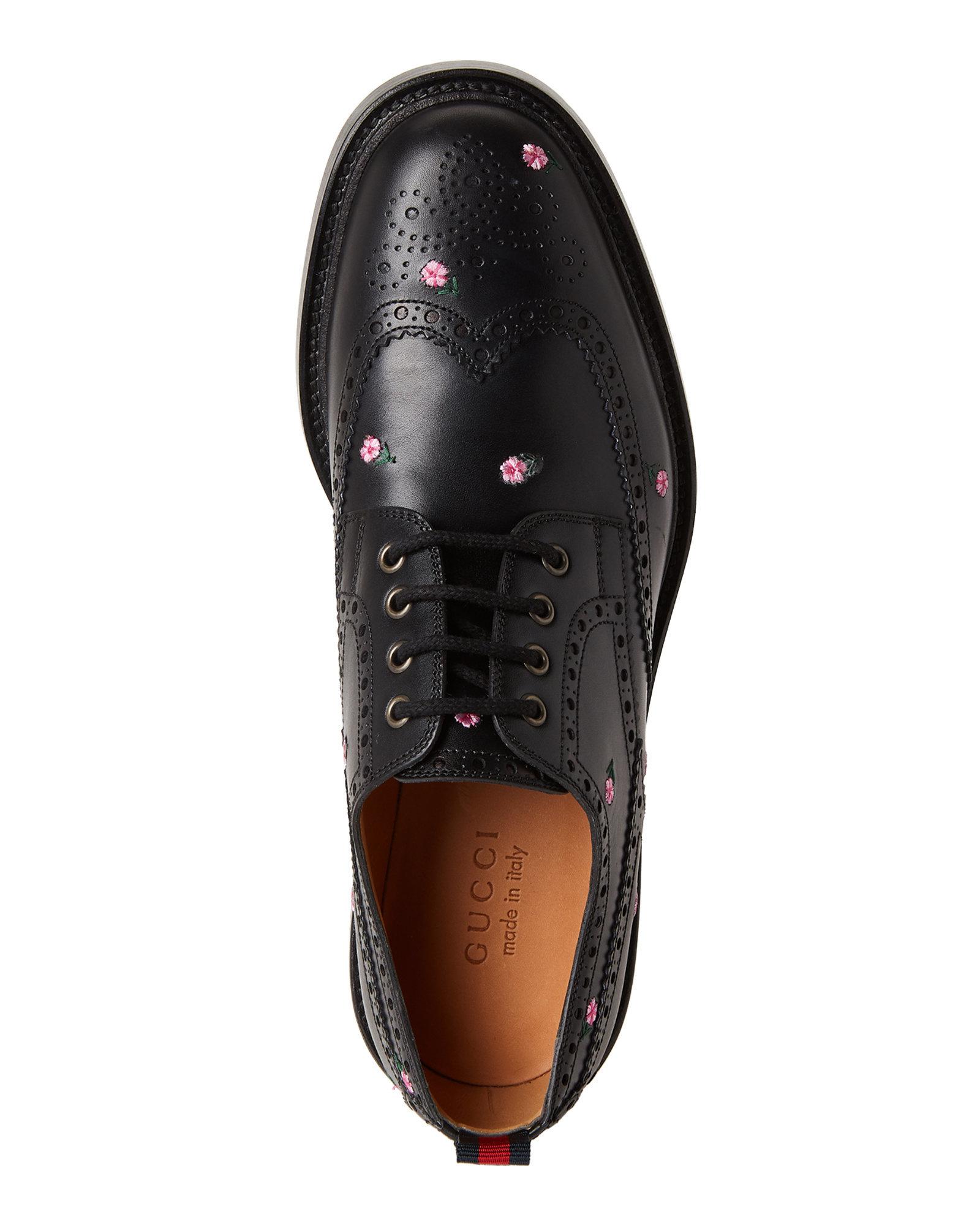 Gucci Leather Black Floral Embroidered Brogue Derby Shoes