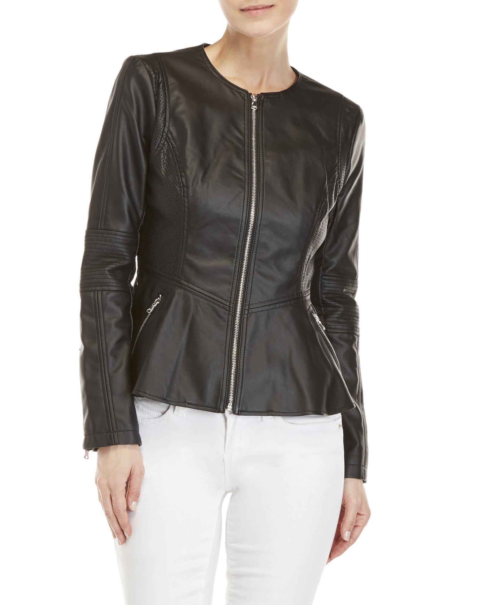 guess peplum leather jacket