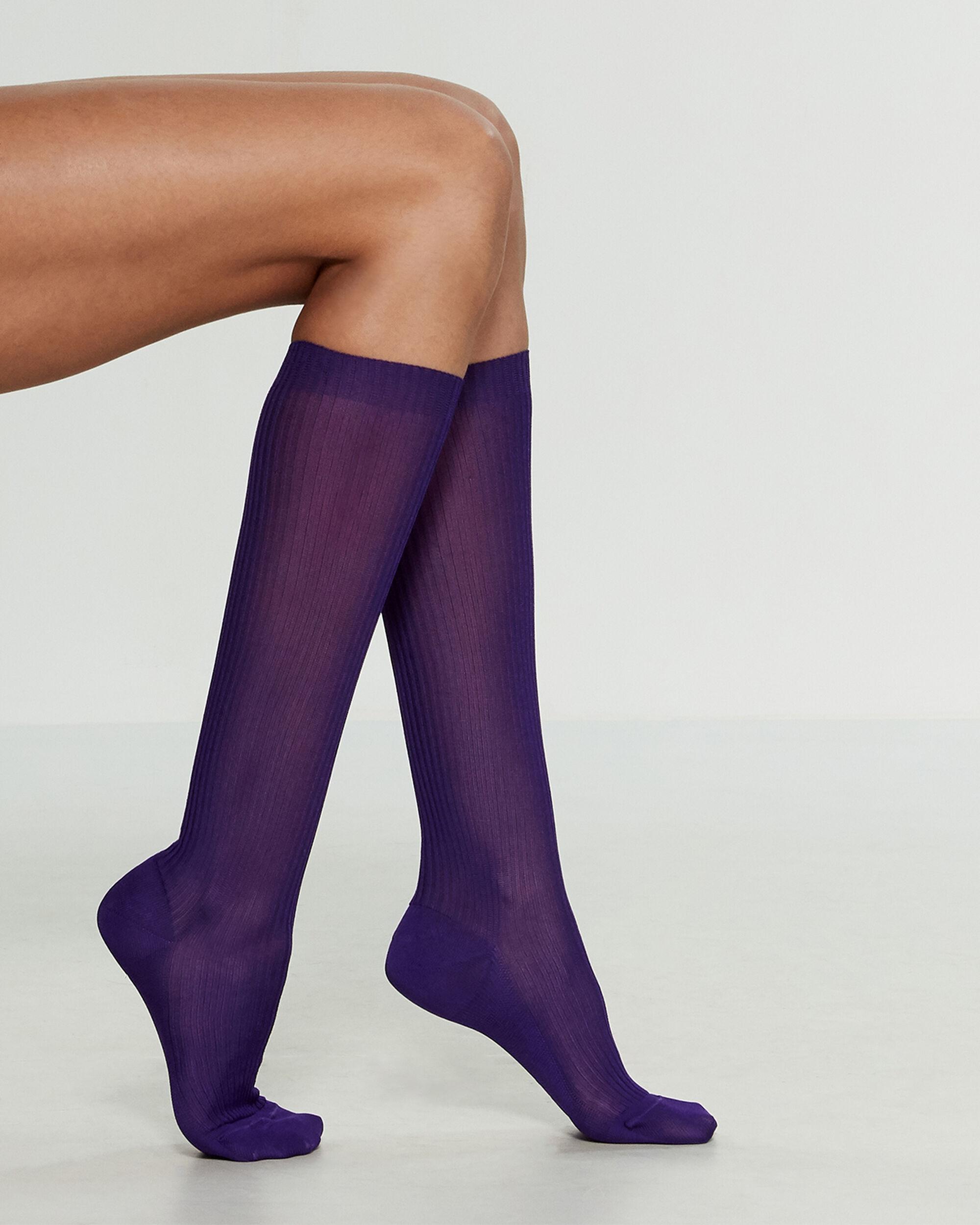 purple and white striped knee high socks