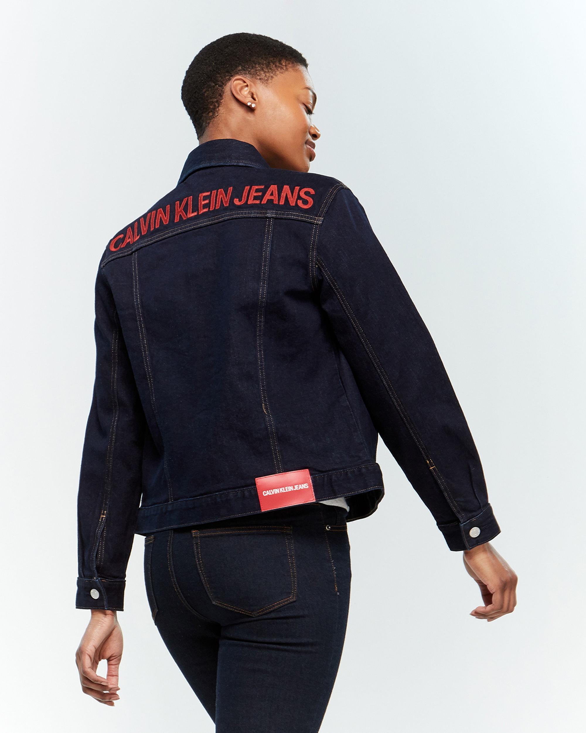 red calvin klein denim jacket