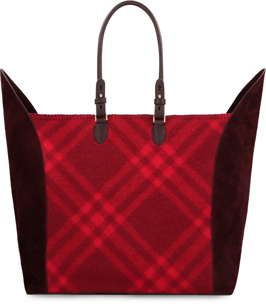 Burberry Large Shield Checked Panelled Top Handle Bag in Red