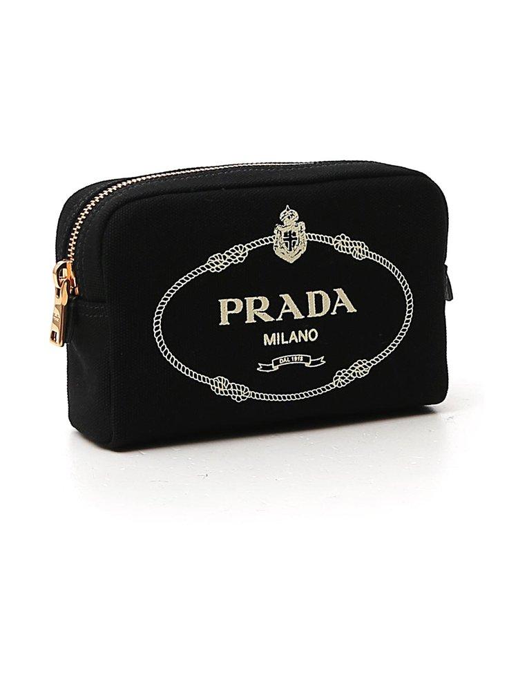 Prada Logo Printed Cosmetic Pouch in Black | Lyst