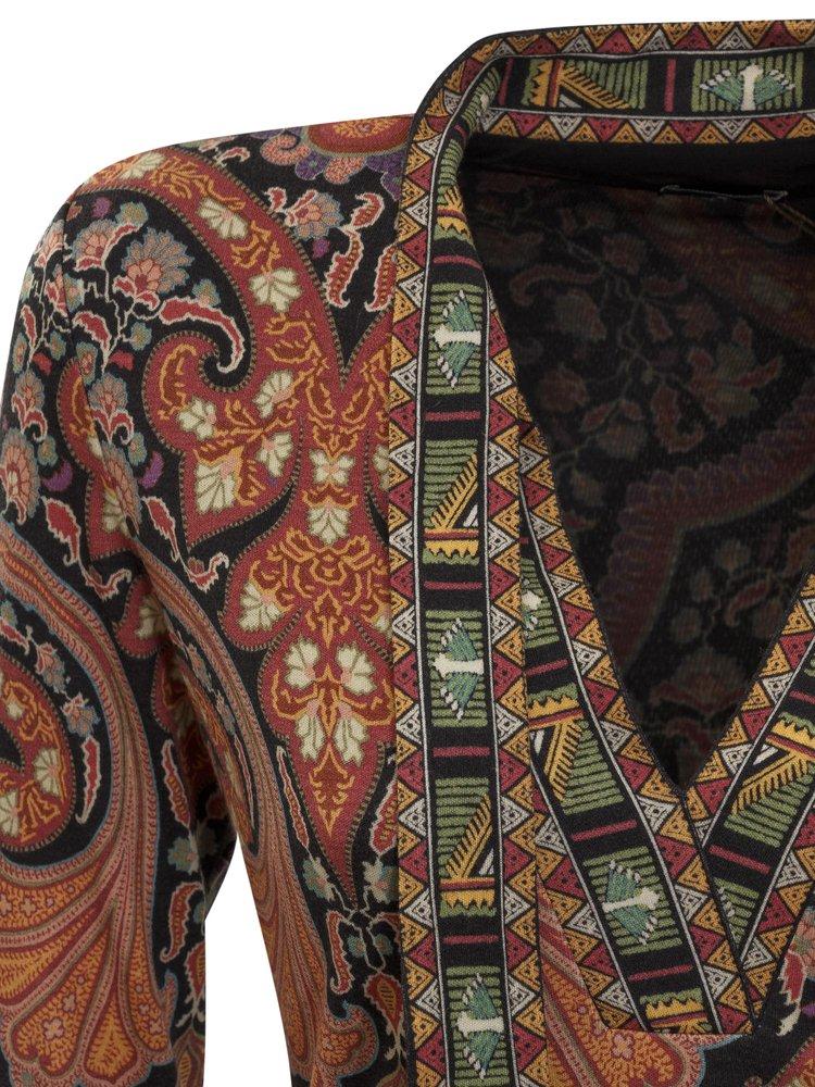 Etro Paisley Print Long-sleeved V-neck Dress in Brown | Lyst