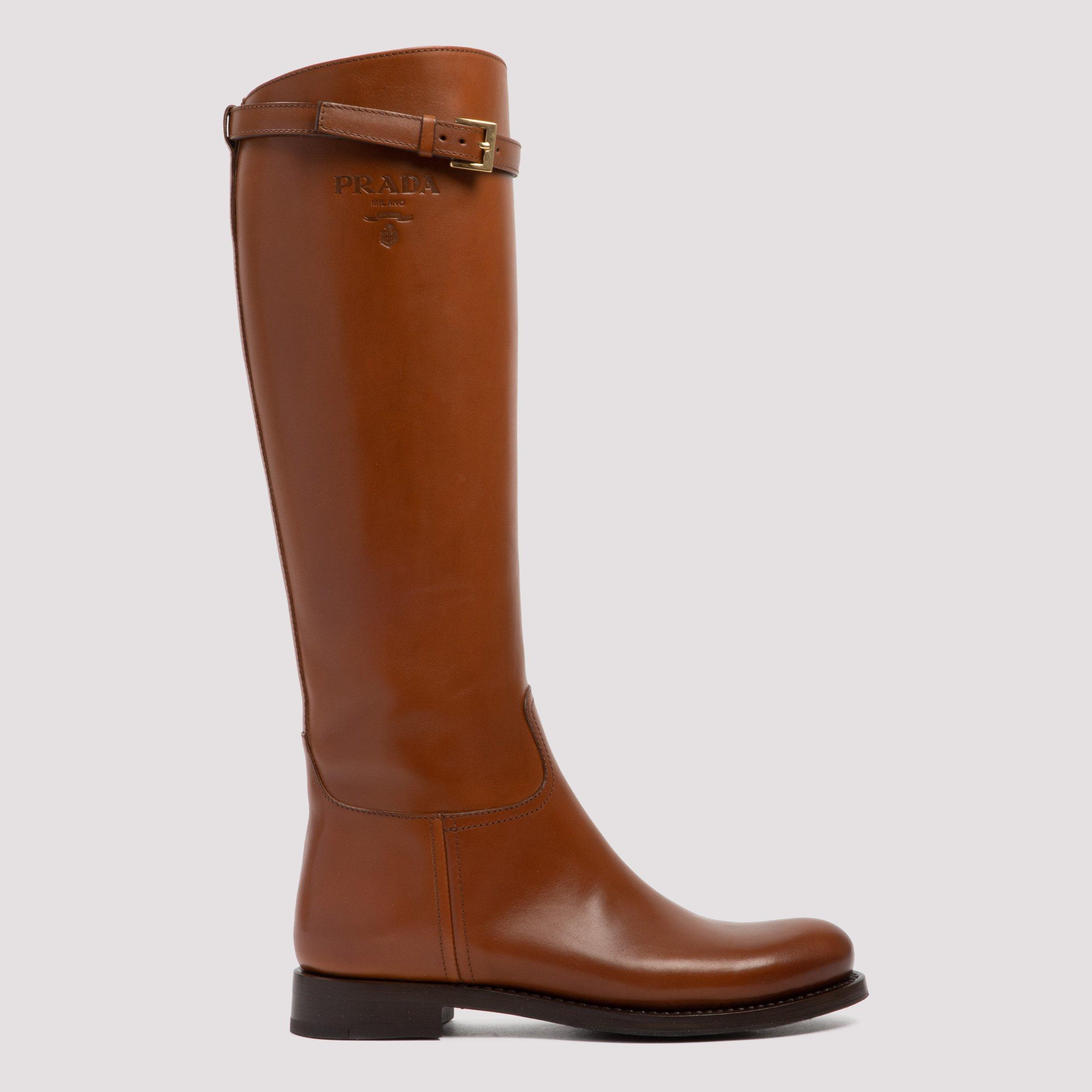 Prada 30 Logo-embossed Leather Knee Boots in Brown | Lyst