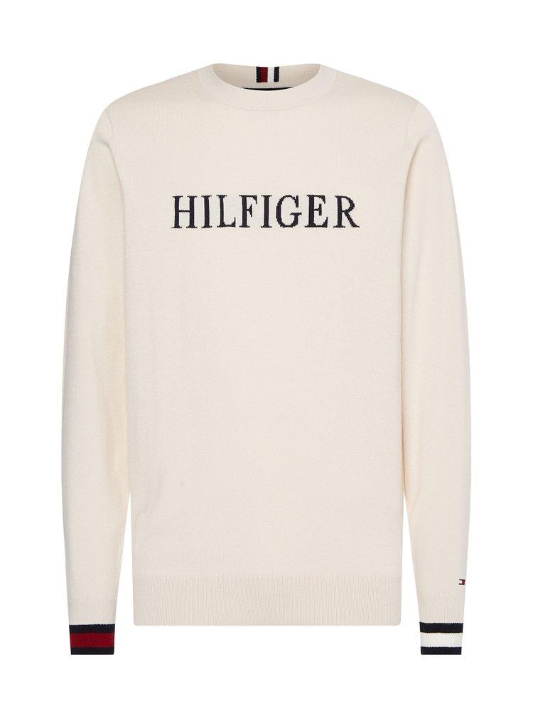 Tommy Hilfiger Logo Intarsia Crewneck Sweater in White for Men | Lyst