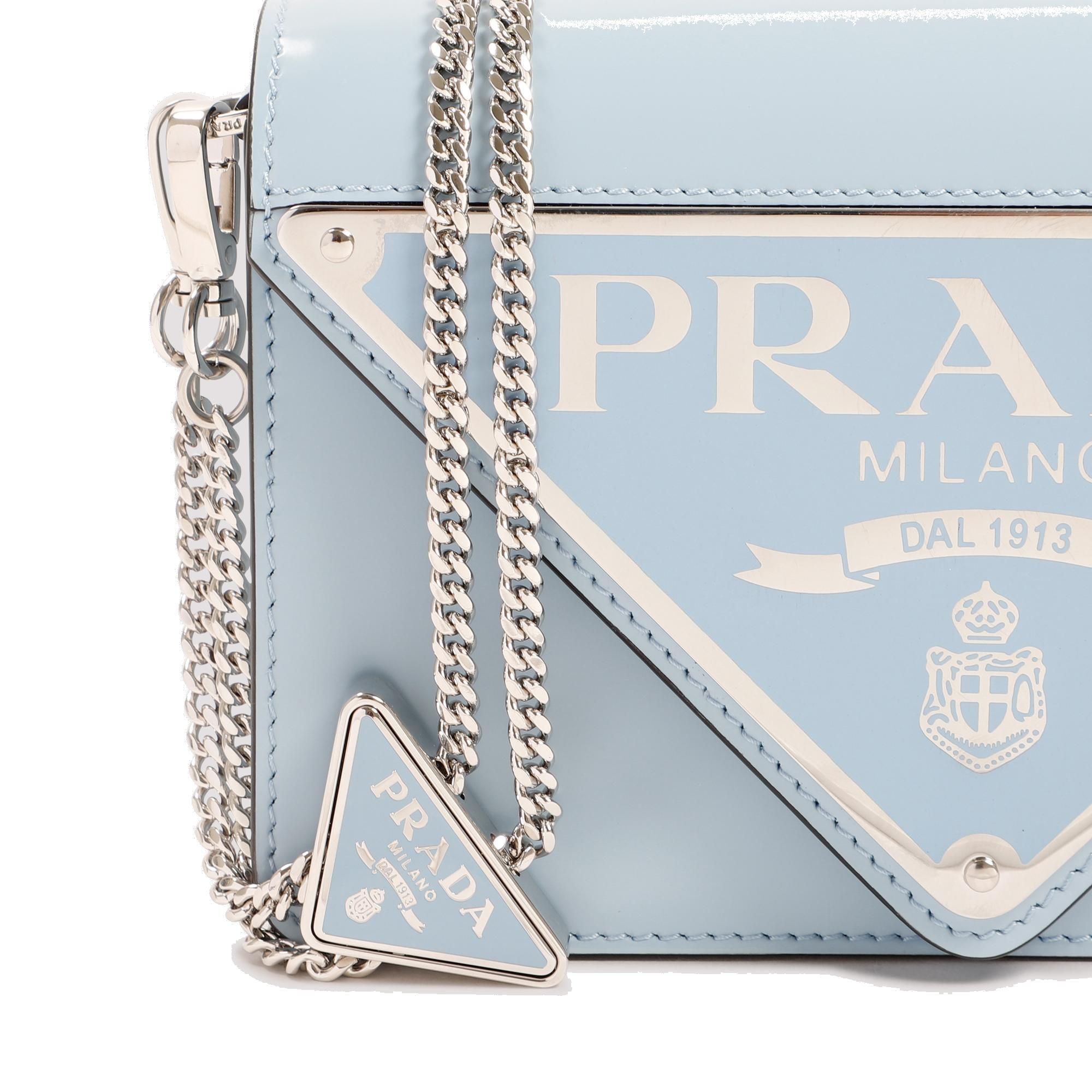 PRADA blue saffiano leather gold logo chain crossbody long wallet
