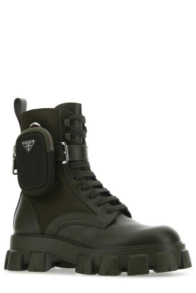 Prada Leather Panelled Pouch-attached Combat Boots in Green for 