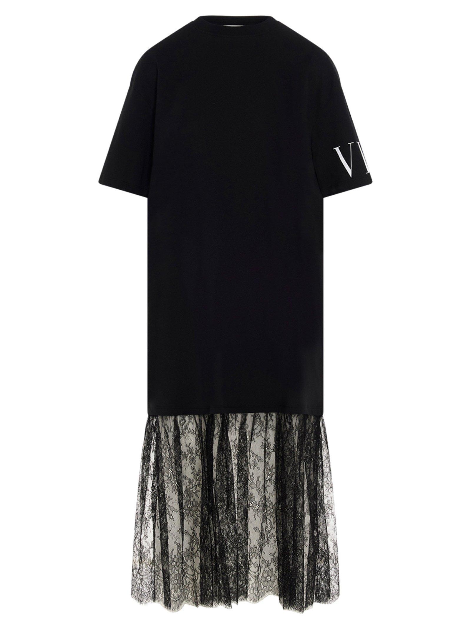 Valentino Vltn Lace Detail T-shirt Dress in Black | Lyst