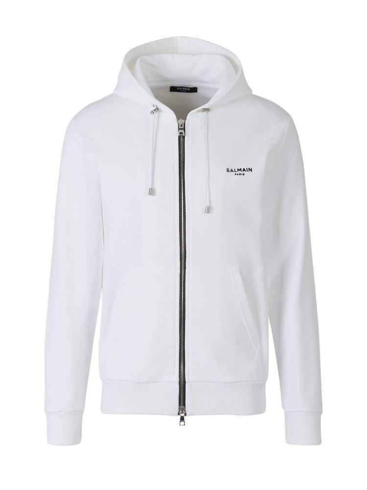 Balmain Logo Detailed Drawstring Zipped Hoodie in White for Men | Lyst
