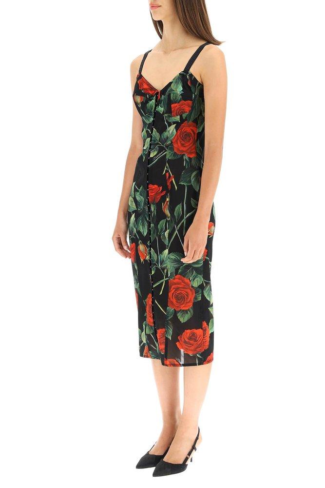 Dolce & Gabbana Synthetic Rose Print Midi Dress in Black | Lyst