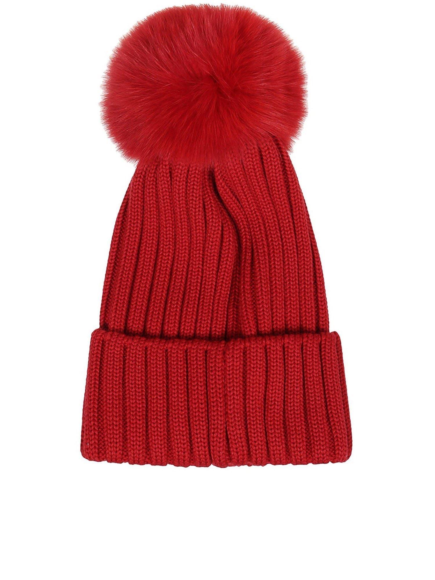 Moncler Fur Pom-pom Logo Knit Beanie in Red | Lyst