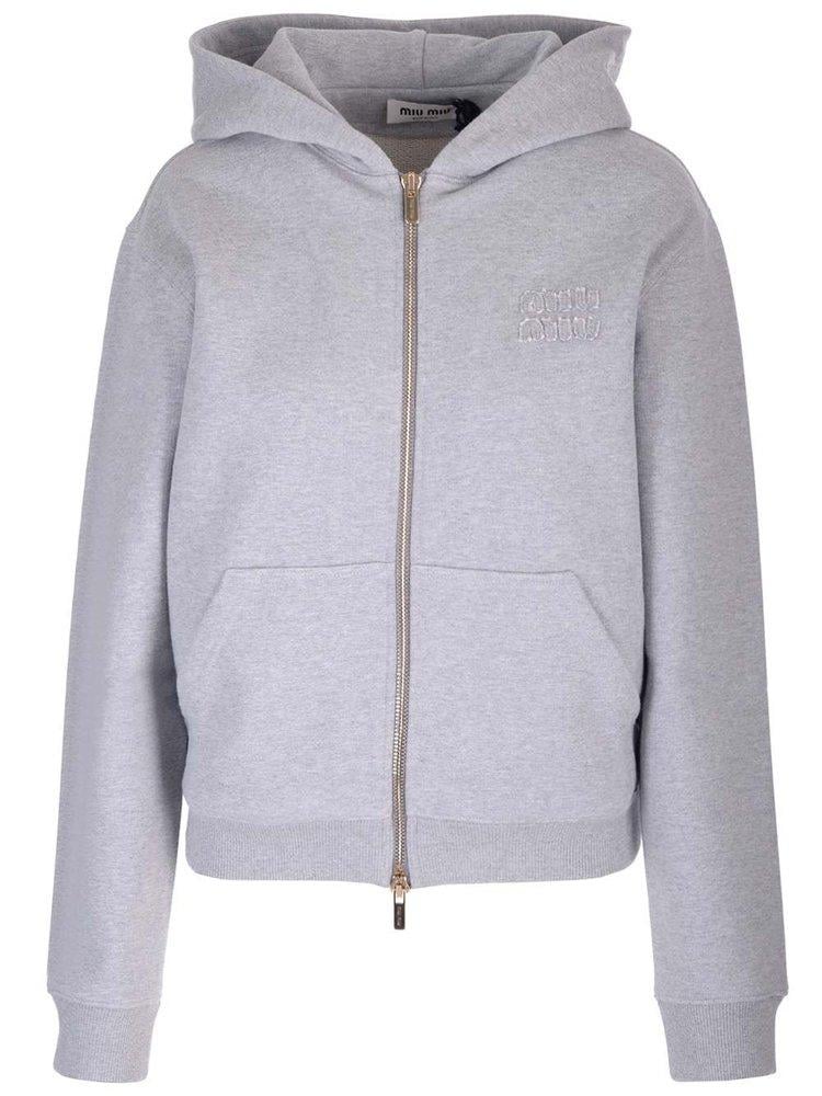 Miu Miu Logo Detailed Zipped Hoodie in Gray | Lyst Miu Miu Logo Detailed Zipped Hoodie in Gray | Lyst