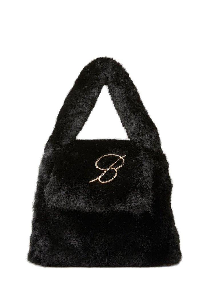 Blumarine Logo Embellished Faux Fur Top Handle Bag in Black | Lyst