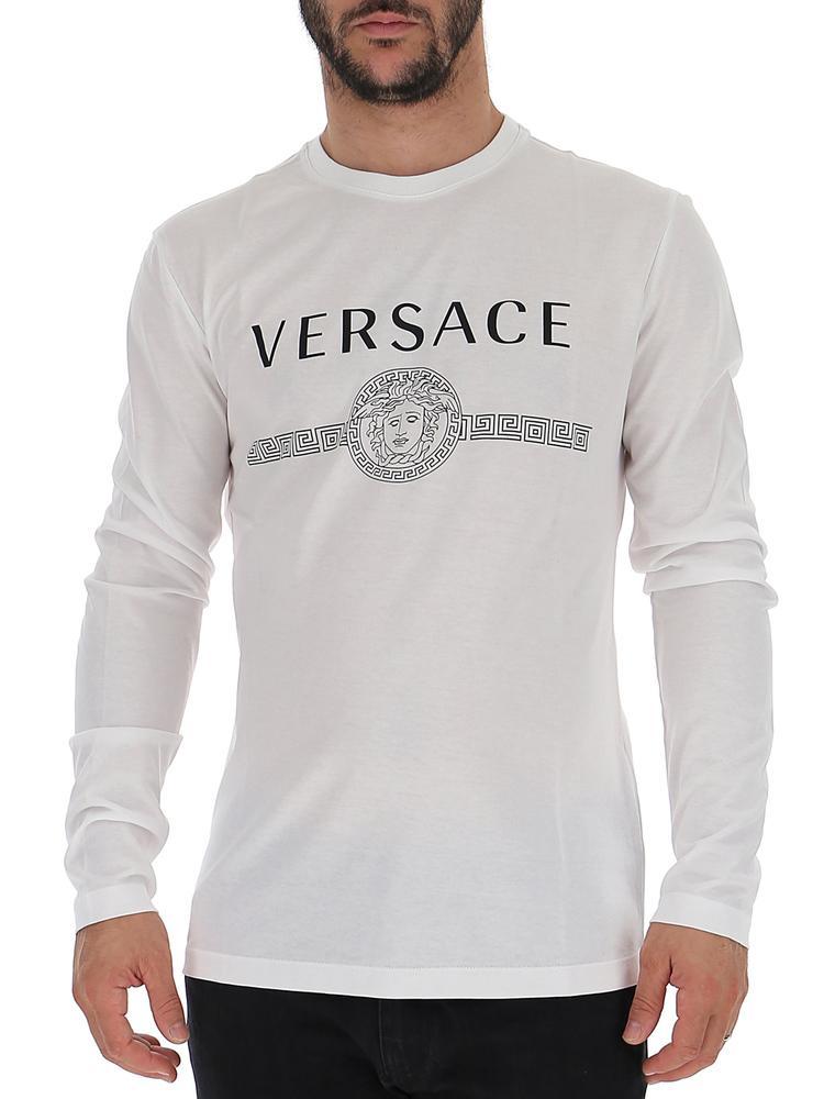 Versace Cotton Logo Printed Long-sleeve Top in White for Men - Lyst