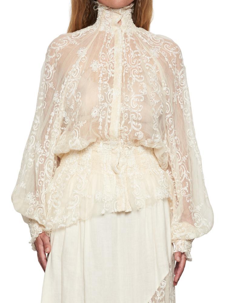 Ann Demeulemeester High Neck Lace Blouse in White | Lyst