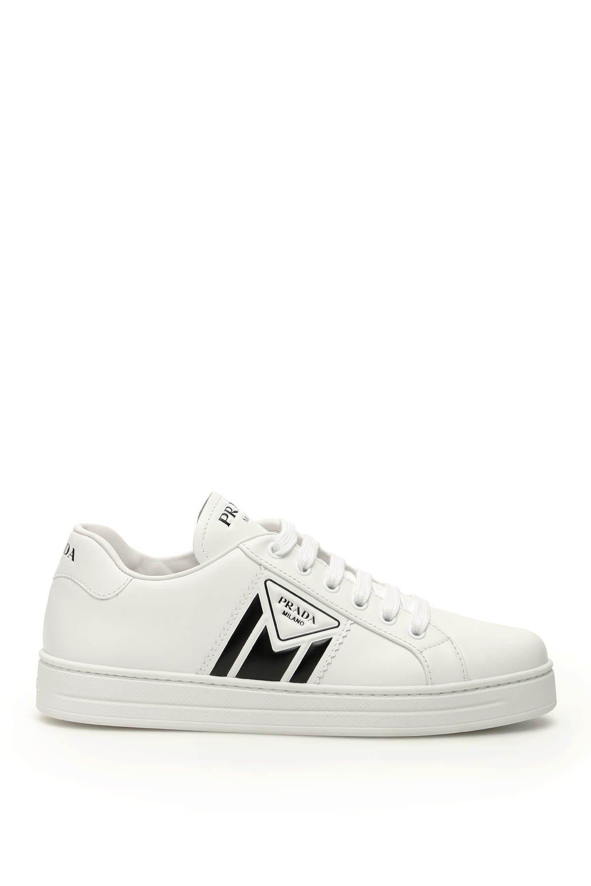 Prada Logo Stripe Leather Sneakers in White - Save 27% - Lyst