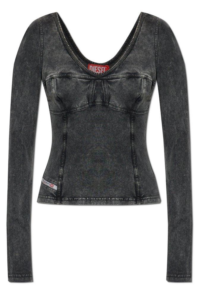 DIESEL>>T-Elin ロングスリーブ デニムエフェクト トップ T-ELIN Long-sleeve top with denim effect｜ブラック