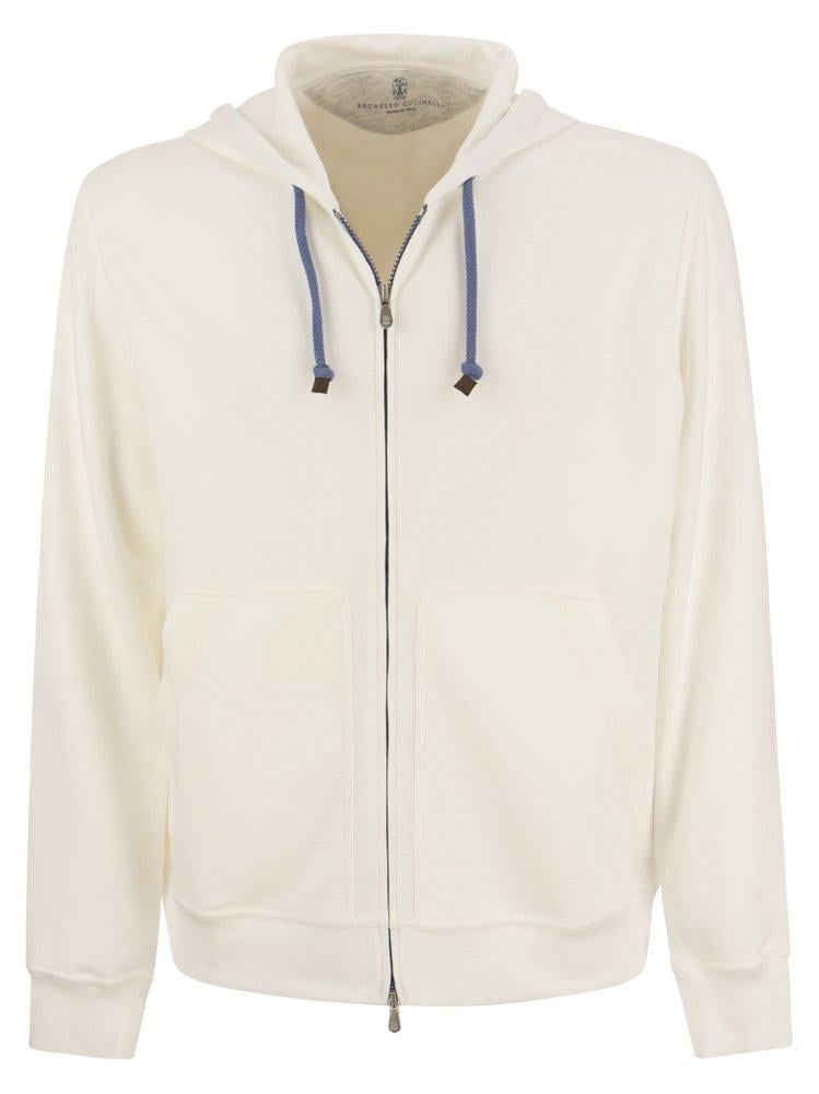 Brunello Cucinelli Techno Cotton Interlock Zip-front Hooded Sweatshirt in  White for Men | Lyst