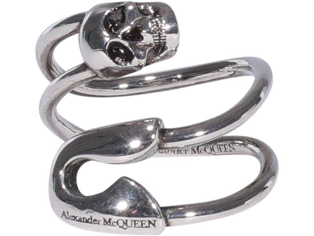 Alexander McQueen Safety Pin Skull Detailed Ring in Silver (Metallic