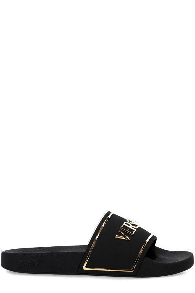Versace Logo-Printed Open-Toe Slippers in Black for Men | Lyst