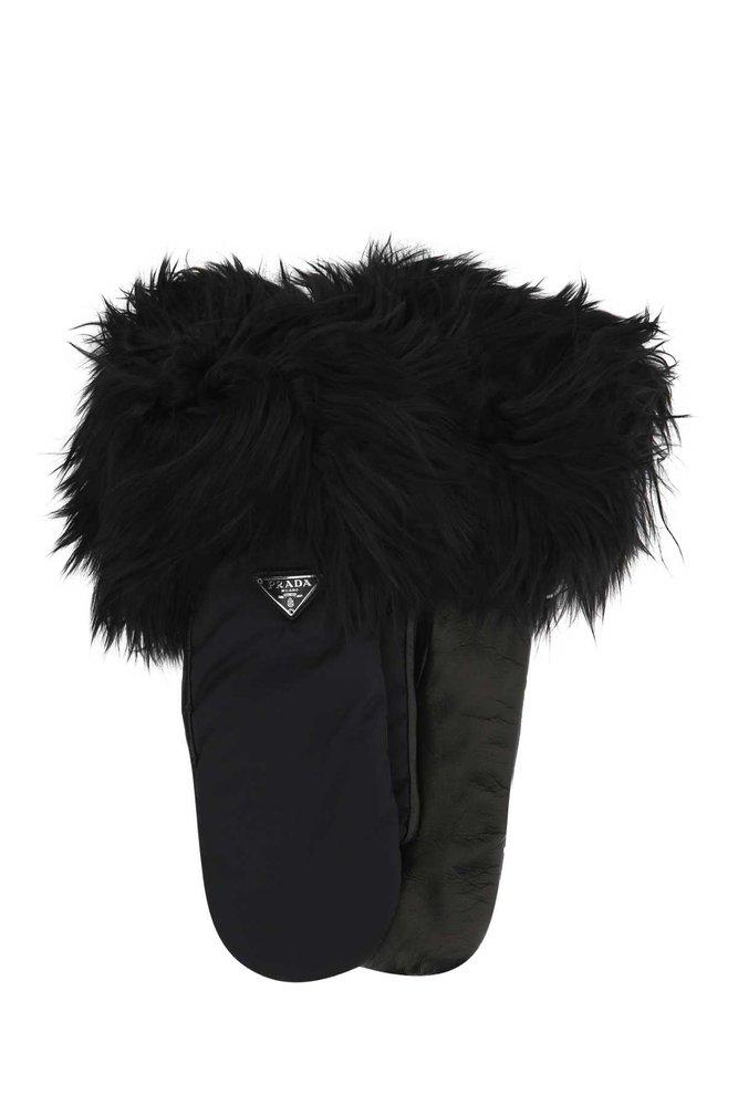 Prada Logo Plaque Fax Fur Gloves in Black Lyst