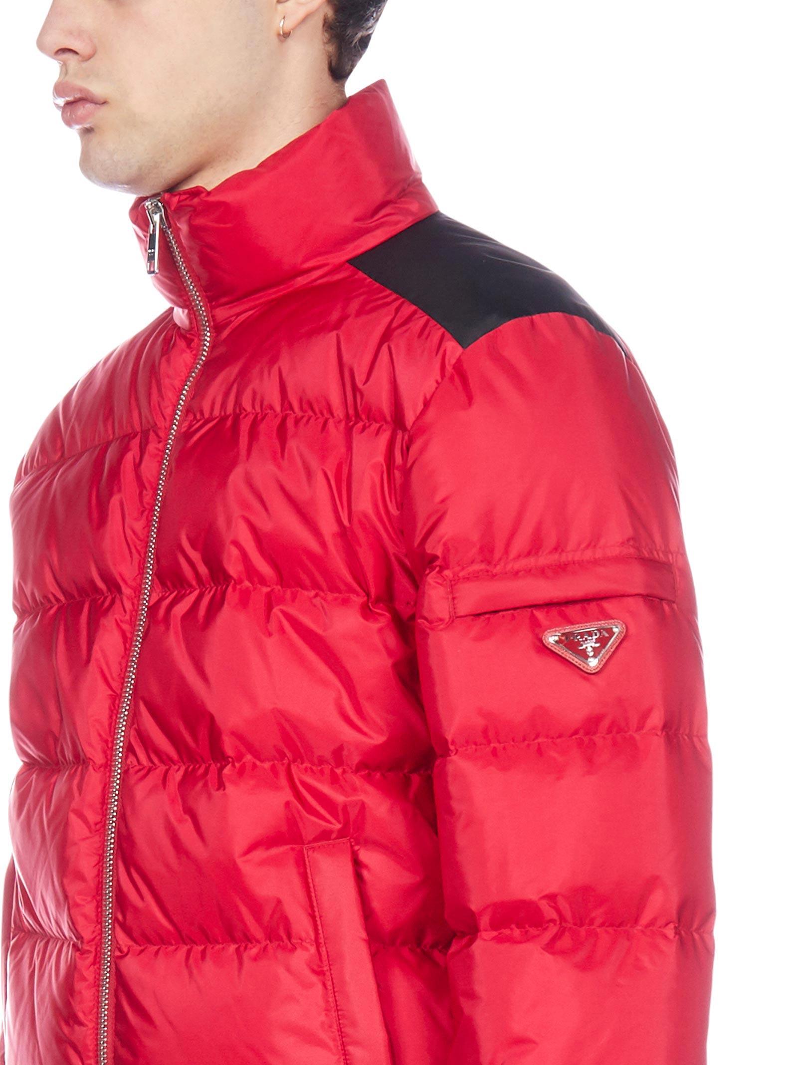 Prada Synthetic Triangle Logo Puffer Jacket in Red for Men Lyst