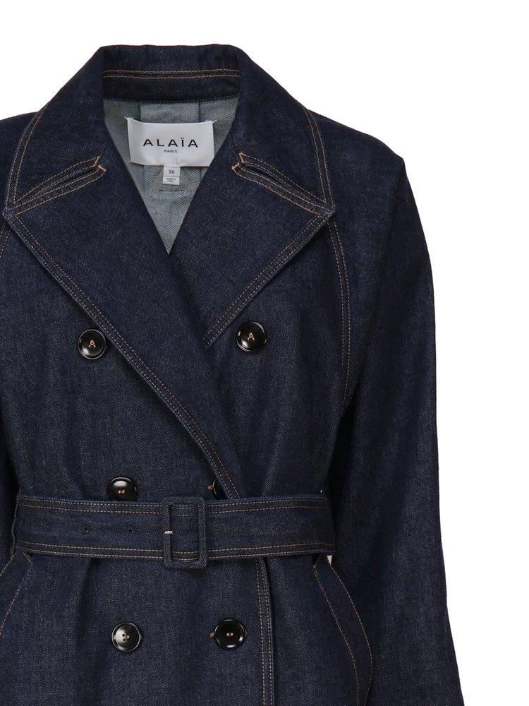 Alaïa Double-Breasted Belted Denim Trench Coat in Blue | Lyst UK