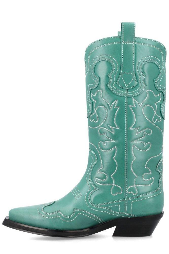 Ganni Embroidered-detail Pointed-toe Western Boots Green