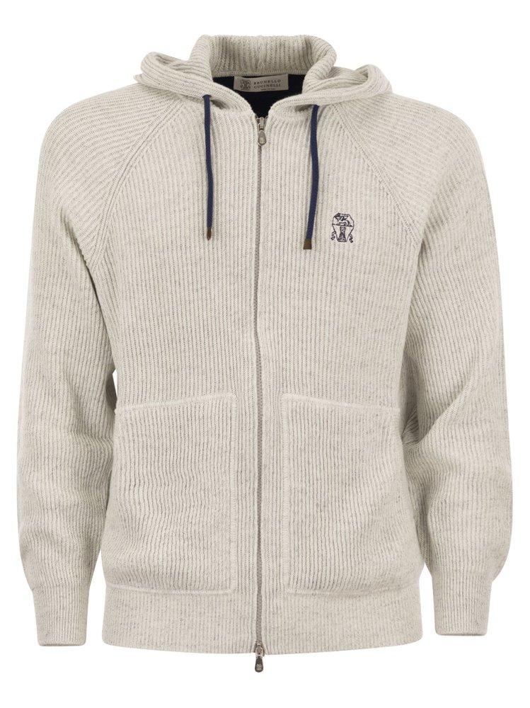 Brunello Cucinelli Zipped Hooded Drawstring Cardigan in Gray for Men