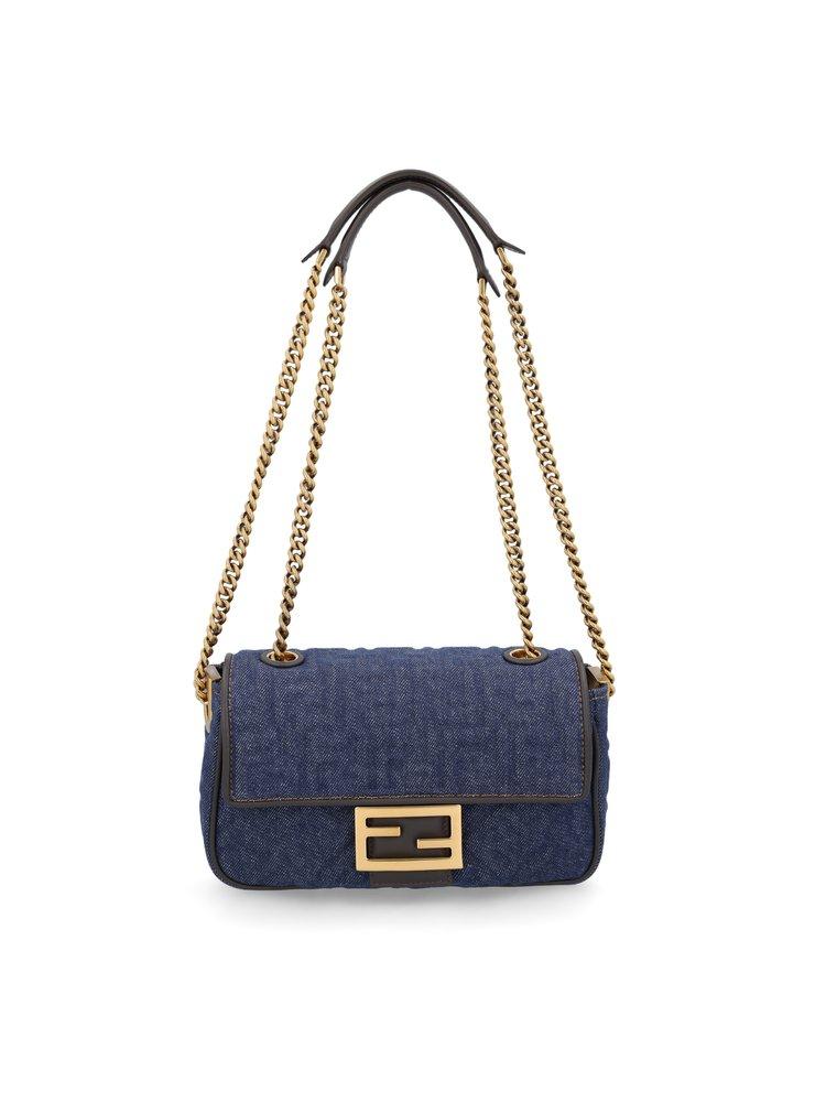 Fendi Denim Floral Embellished Baguette Bag - Blue Shoulder Bags