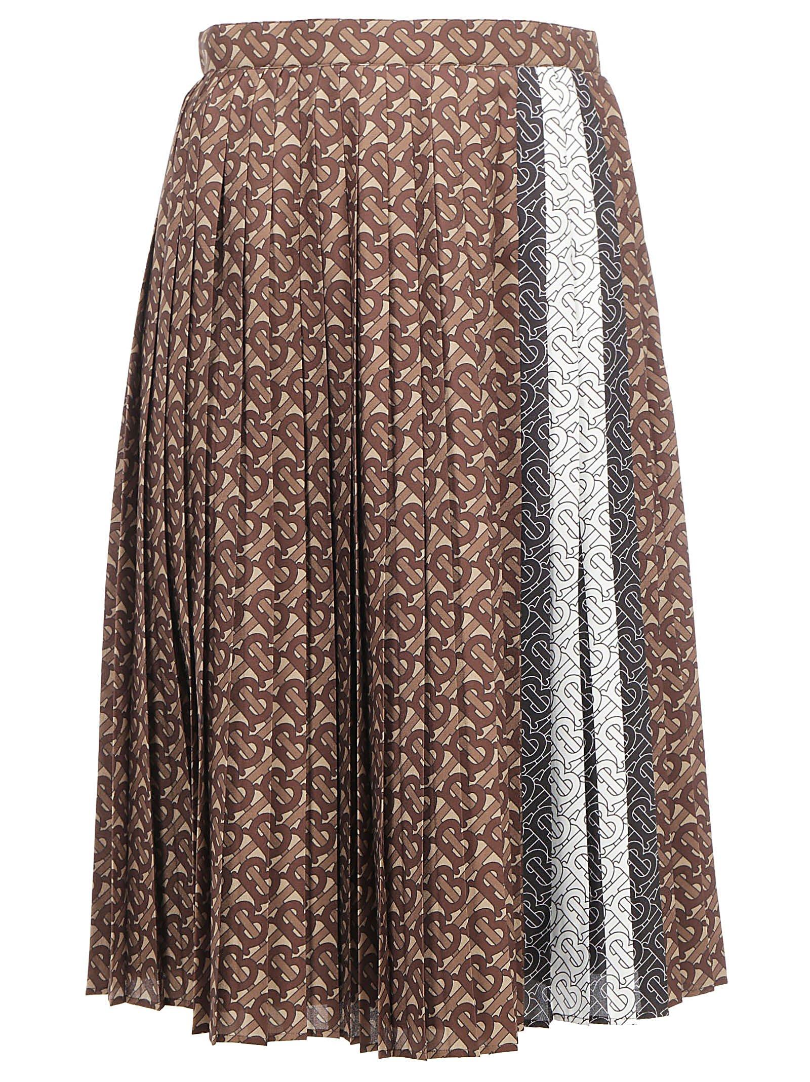 Burberry Satin Tb Monogram Pleated Skirt in Brown,Black,White (Brown ...